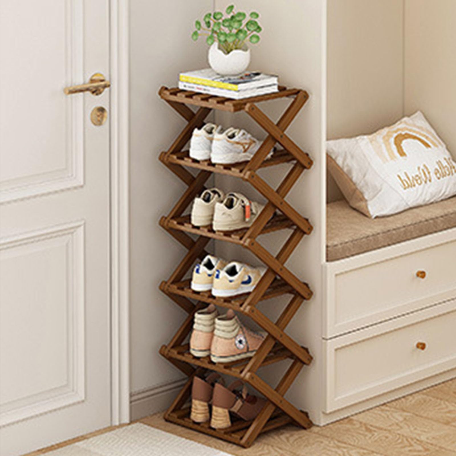 Narrow Shoe Rack - Shoe Storage Organiser- Vertical Bamboo Foldable Shoes Shelf for Entryway, Closet, Bedroom, Hallway ([tawny] 6 layers)