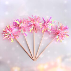 Firework Cupcake Toppers, 10 Pcs Foil Firework Birthday Cupcake Decoration Sparkle Firework Cake Topper Birthday Cupcake Topper for Graduation New Year Party Decorations (Pink)