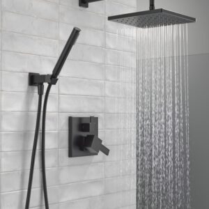 Delta Faucet Modern Raincan 2-Setting Square Shower System Including Rain Shower Head and Handheld Spray Black, Rainfall Shower System Brushed Black, Shower Valve Trim Kit, Matte Black 342701-BL