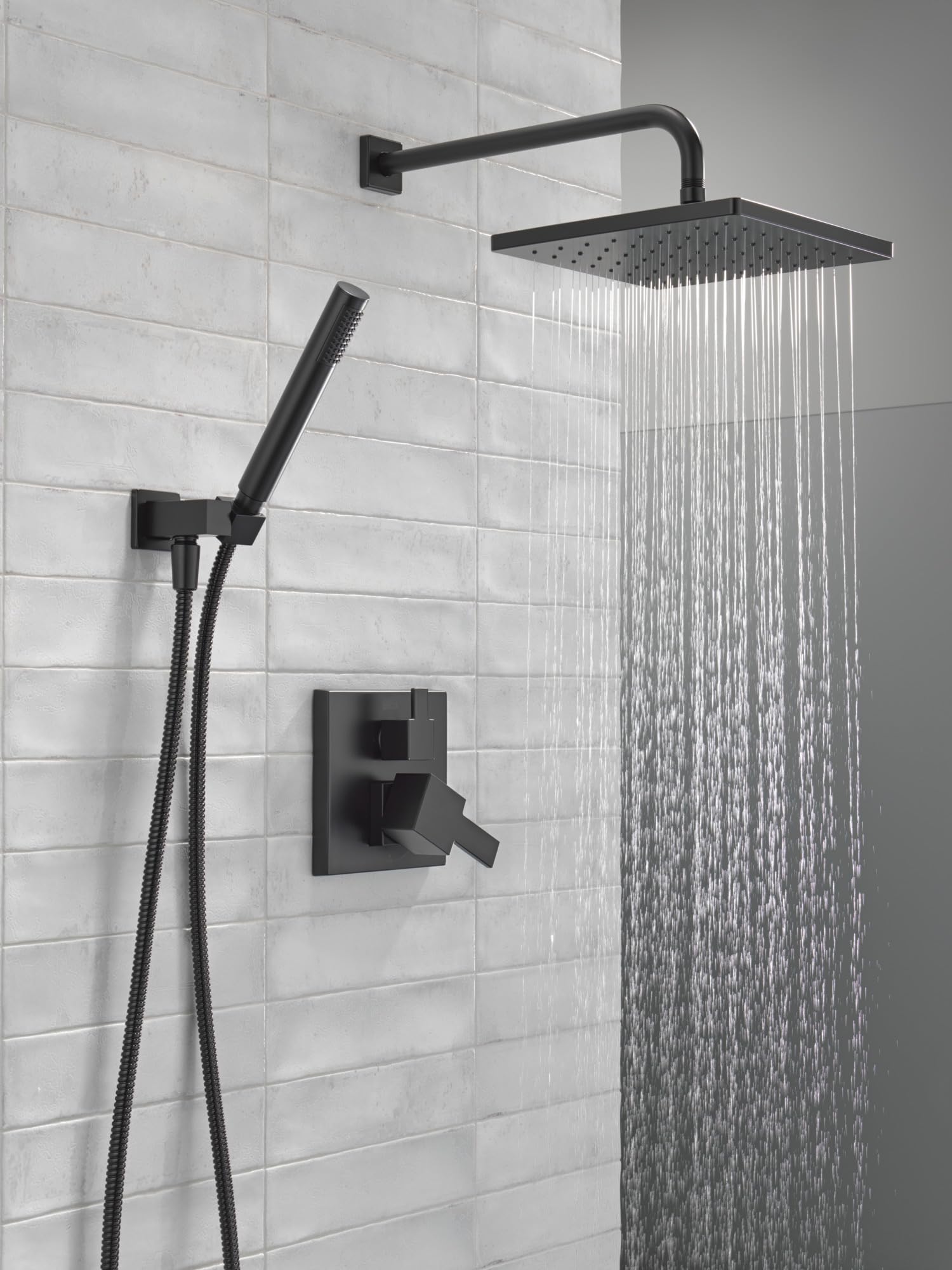 Delta Faucet Modern Raincan 2-Setting Square Shower System Including Rain Shower Head and Handheld Spray Black, Rainfall Shower System Brushed Black, Shower Valve Trim Kit, Matte Black 342701-BL