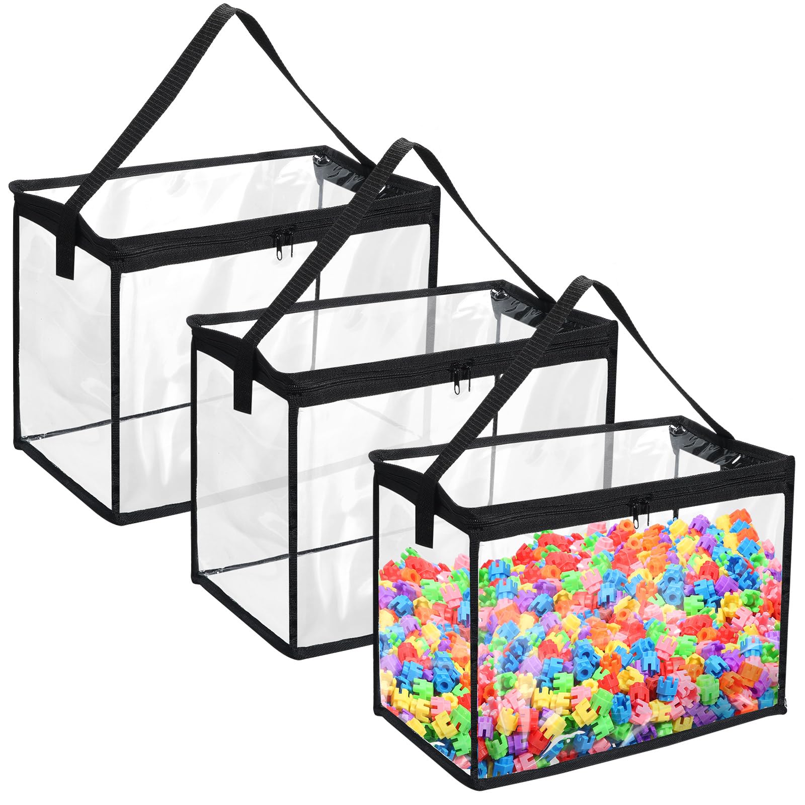 Clysee 3 Pcs Toy Storage Bags with Zipper, Large Clear PVC Organizing Bags, Waterproof Toy Bags for Building Blocks, Board Games and Beach Toys Storage (Black)