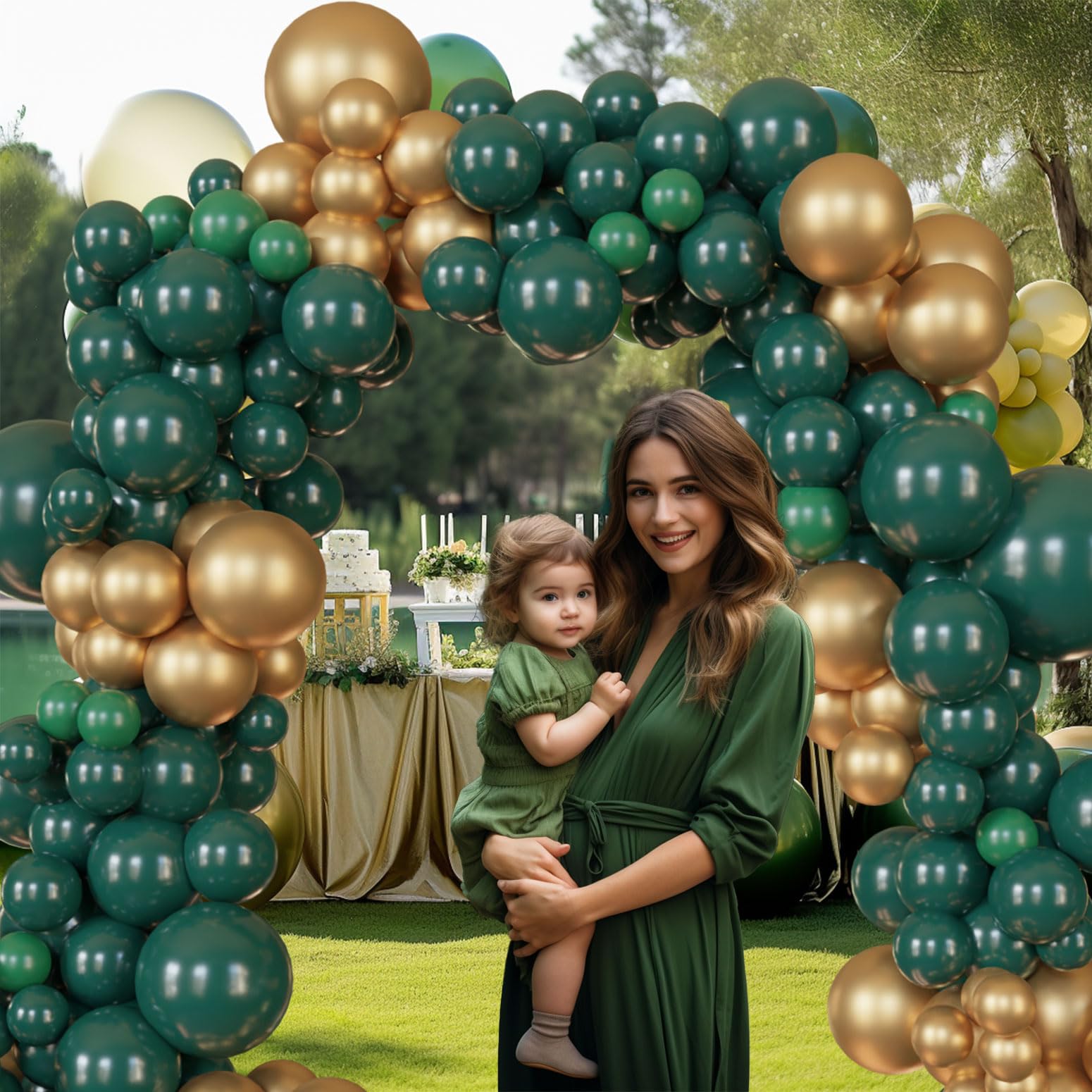 143Pc Emerald Green and Gold balloon Garland Dark Green Metalic Gold Balloons Arch Set Forest Green Decorations for Baby Showers, Birthdays, Weddings, Christma Holiday Hunting Themed Events