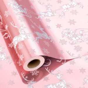 homeral pink christmas wrapping paper roll-46.8 sq.ft. (17in x 33ft) pink santa, sleigh, reindeer, snowflake with metallic shine for christmas, new year celebration, party