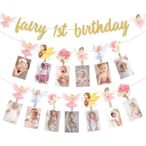 my fairy first birthday decorations - fairy 1st birthday glitter banner and monthly photo banner, fairy one year old birthday decorations for girl, floral fairy 1st birthday party supplies