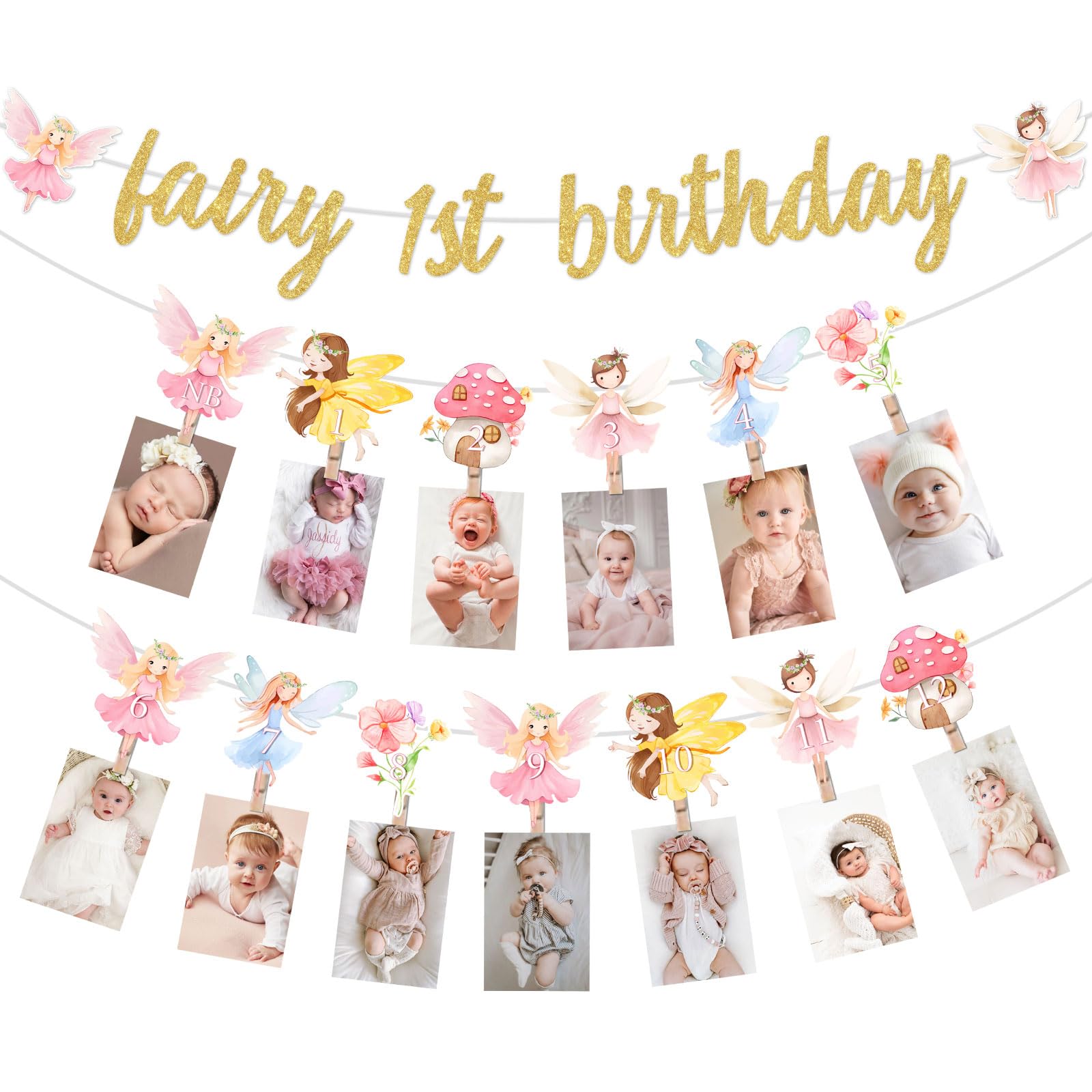 My Fairy First Birthday Decorations - Fairy 1st Birthday Glitter Banner and Monthly Photo Banner, Fairy One Year Old Birthday Decorations for Girl, Floral Fairy 1st Birthday Party Supplies