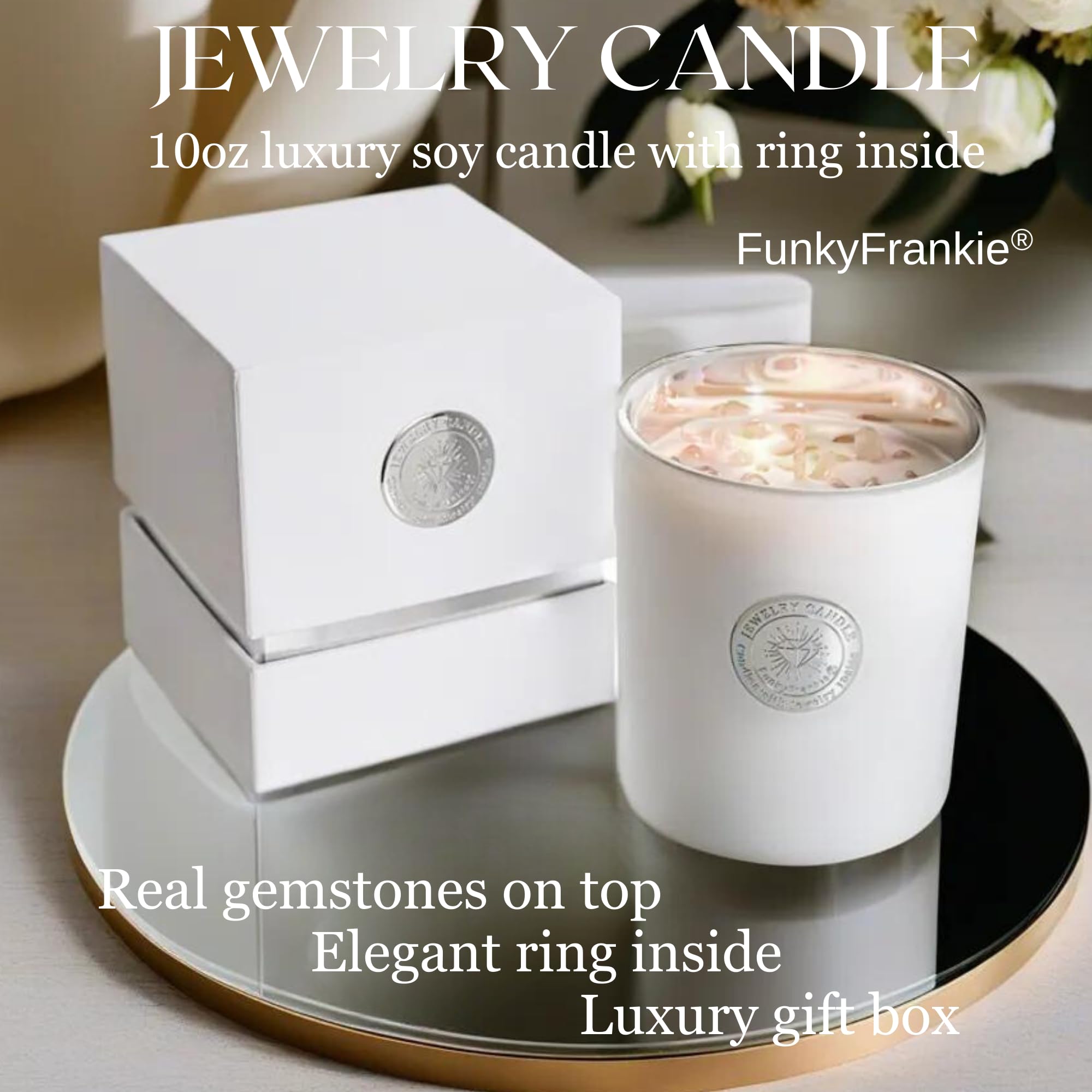 FunkyFrankie® Jewelry Candle with Ring Inside: Size 6 - Patented Luxury Scented Candle | 10oz Candle for Women | Jewelry Candle for Women | White Candle with Jewelry Inside | Jackpot Surprise Taylor