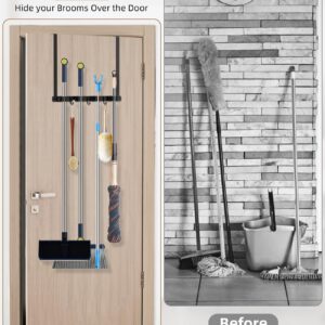 PrimZooty Broom Holder Over The Door - 304 Stainless Steel Mop and Broom Holder Wall Mounted or Hanging Over The Door with Hooks - Broom Hanger, Broom Storage Tool Organizer for Garage Closet Laundry