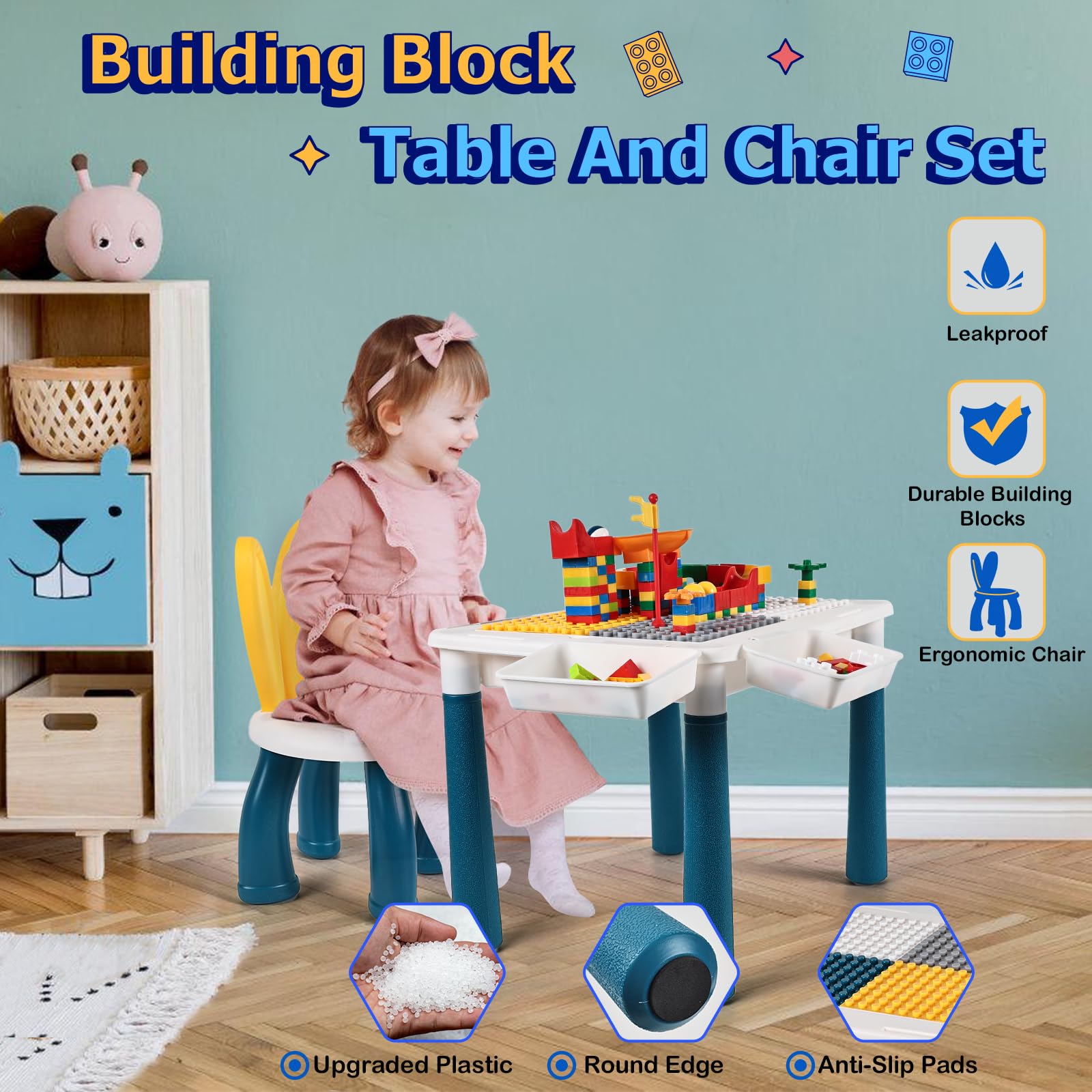 All-in-One Kids Multi-Functional Building Blocks Table, Activity Table and Chairs Set with 206 Pcs Building Brick Blocks, Storage, 4 Heighten Legs Water/Sand/Play/Dinning Table for Toddlers (Blue)