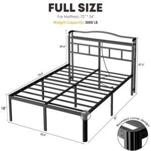 YORMDMO Full Bed Frame - Storage Headboard with Charging Station, Easy Assembly, Heavy Duty Metal Bed Frame, No Box Spring Needed, 18 Inch, Black