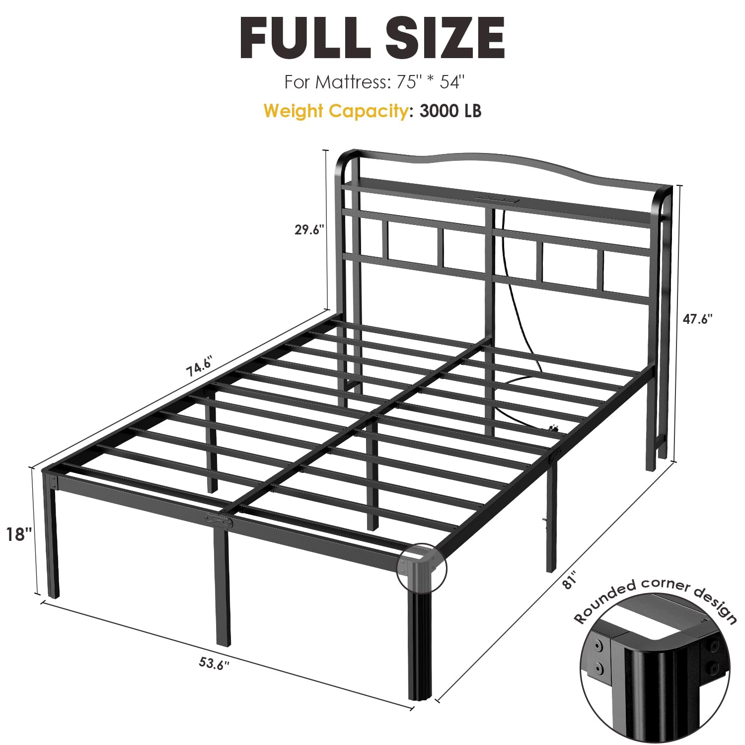 YORMDMO Full Bed Frame - Storage Headboard with Charging Station, Easy Assembly, Heavy Duty Metal Bed Frame, No Box Spring Needed, 18 Inch, Black