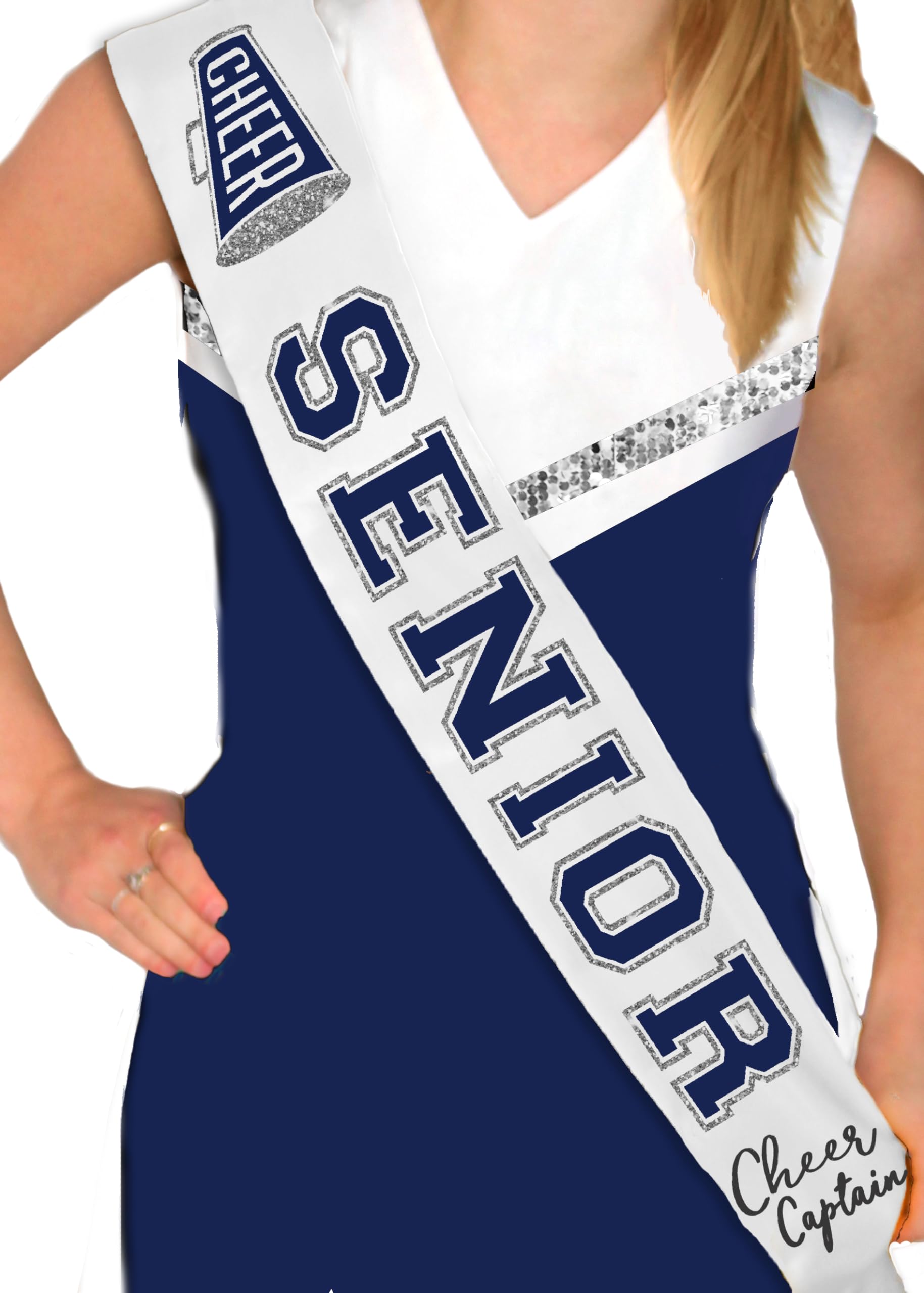 Cheer Captain Gifts - Navy Blue with Silver Sparkle Outline Cheer Captain Senior White Premium Grade Satin Sash - High School Cheerleader Supplies - White Sash (Cheer Capt) NVY w/SLV