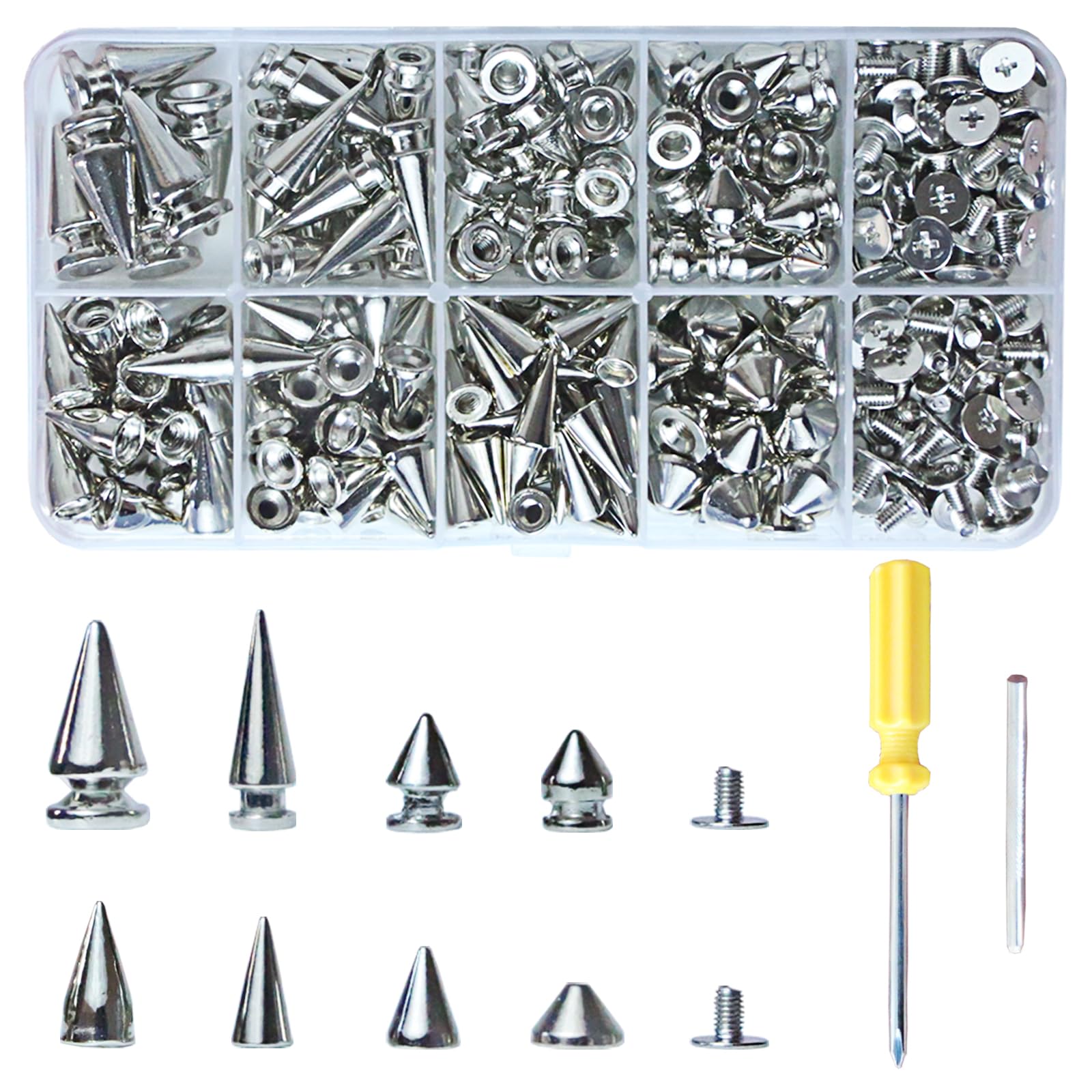 XKCWXY 354 Sets Punk Spikes and Studs Kit，8 Sizes Cone Spikes,Metal Tree Spikes Studs for Leathercraft and Punk Style Clothing Accessories DIY Craft Decoration