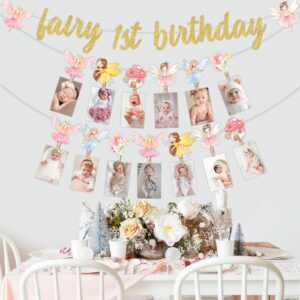 My Fairy First Birthday Decorations - Fairy 1st Birthday Glitter Banner and Monthly Photo Banner, Fairy One Year Old Birthday Decorations for Girl, Floral Fairy 1st Birthday Party Supplies