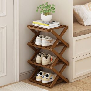 narrow shoe rack - shoe storage organiser- vertical bamboo foldable shoes shelf for entryway, closet, bedroom, hallway ([tawny] 4 layers)