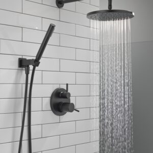 Delta Faucet Modern Raincan 2-Setting Round Shower System Including Rain Shower Head and Handheld Spray Black, Rainfall Shower System Brushed Black, Shower Valve Trim Kit, Matte Black 342702-BL