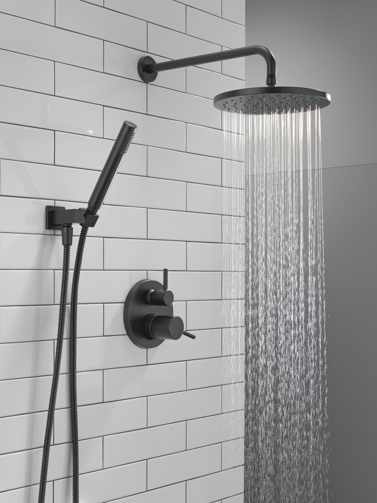 Delta Faucet Modern Raincan 2-Setting Round Shower System Including Rain Shower Head and Handheld Spray Black, Rainfall Shower System Brushed Black, Shower Valve Trim Kit, Matte Black 342702-BL