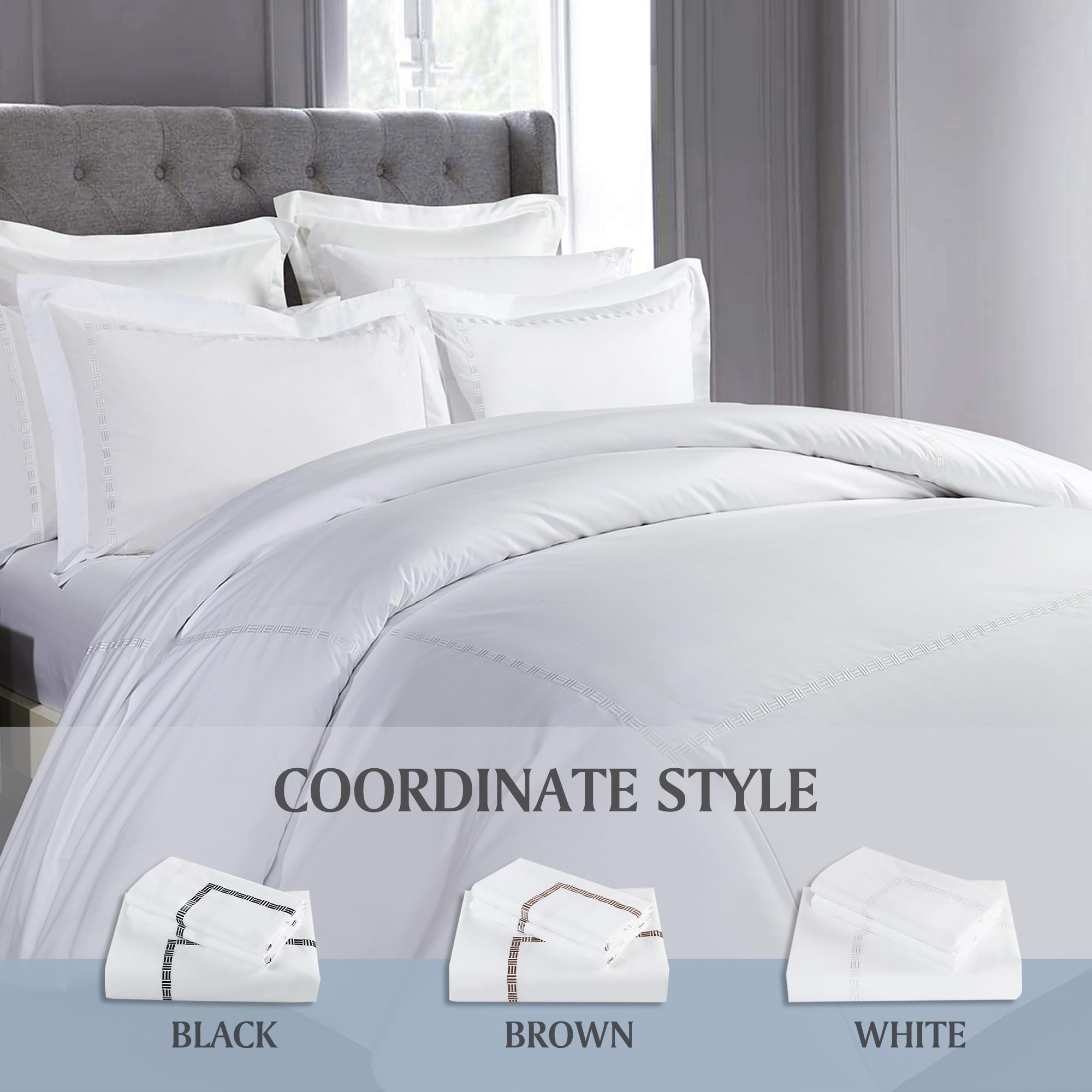 Hotel Grand White Duvet Cover Set King Size - Tencel Cotton Blend Comforter Cover 3 Pieces with Colored Embroidery, 1 Duvet Cover 108" x 98" with Button Closure and 2 Pillow Shams