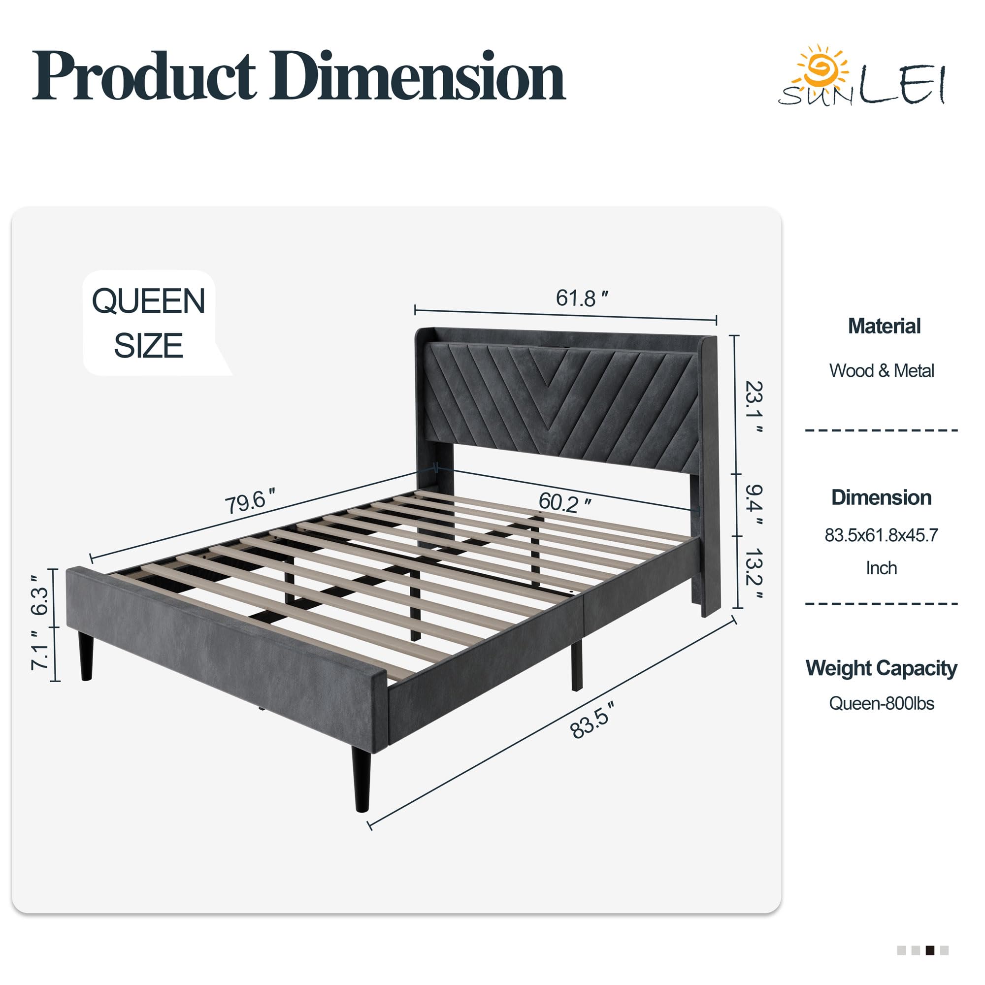 SUNLEI Bed Frame with Wingback Storage Headboard, Queen Size Bed Frame with Charging Station and Velvet Fabric, Strong Wood Slats, Easy Assembly, No Box Spring Needed, Light Grey