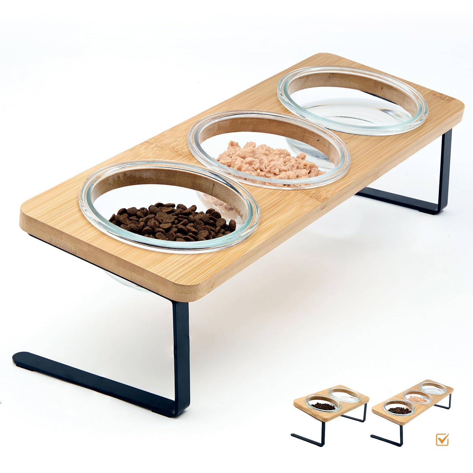 Lawfery Elevated Cat Bowls, 15° Tilted Cat Food Bowl, Includes 3 Glass Cat Bowls, Bamboo Board, and Metal Stand for Cats and Puppies