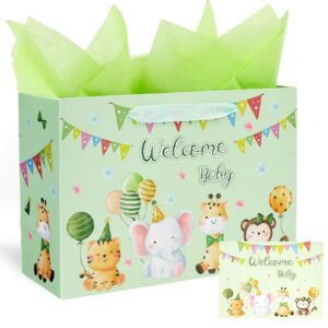 johouse baby gift bag, 12" paper bag with tissue paper ribbon greeting card large gift bag for baby boy girl shower newborn 1st birthday gender reveal party green