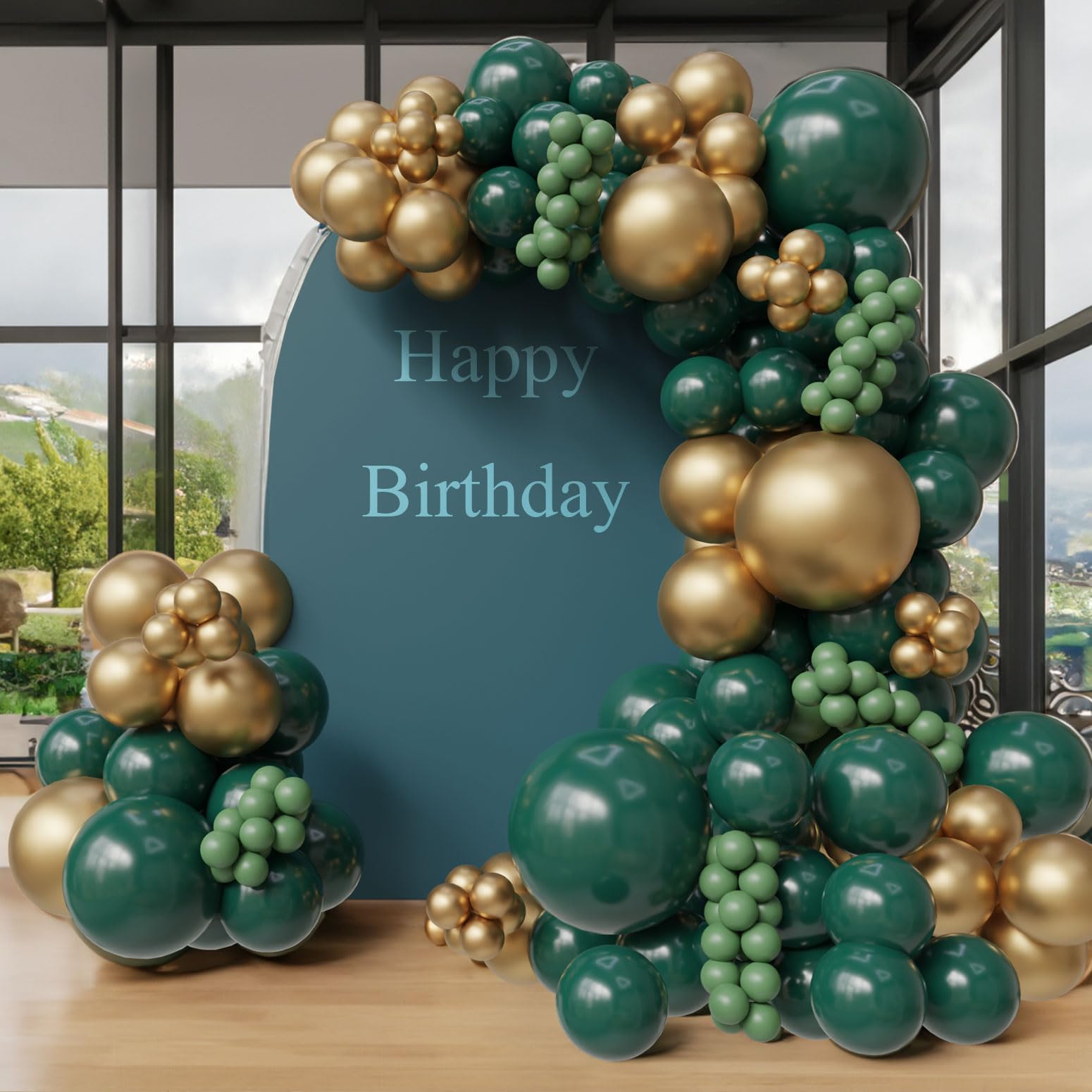 143Pc Emerald Green and Gold balloon Garland Dark Green Metalic Gold Balloons Arch Set Forest Green Decorations for Baby Showers, Birthdays, Weddings, Christma Holiday Hunting Themed Events