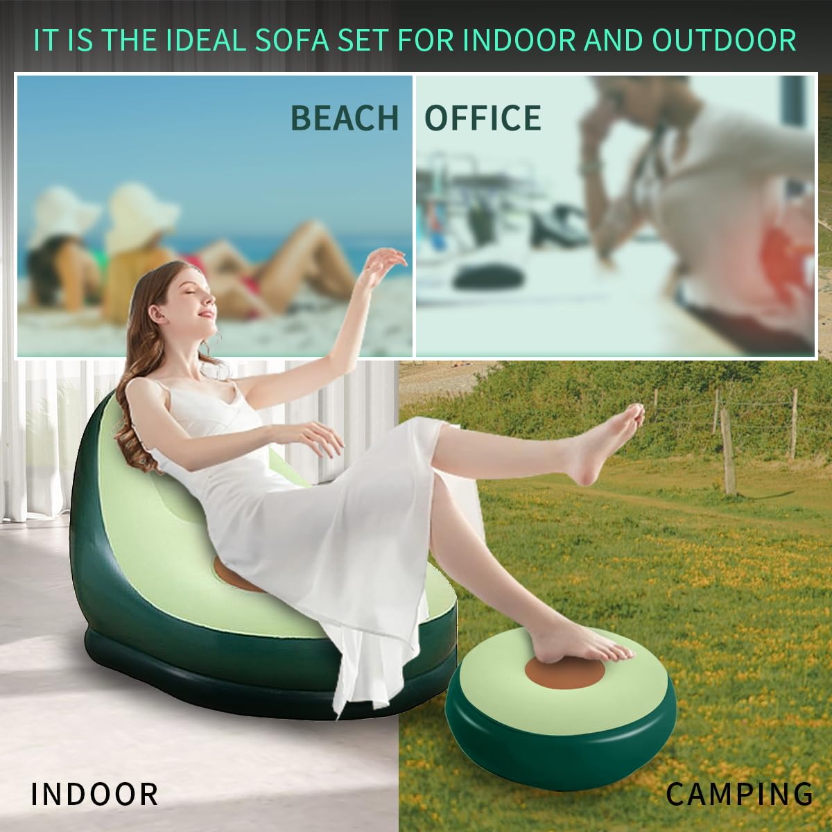 Baiao Inflatable Lounger Chair with Footrest, Flat Air Lounge Chair, Indoor Foldable Deck Chaise Lounges, Travel Camping Picnic Beach Chair, Outdoor Lounge Chair (Avocade)