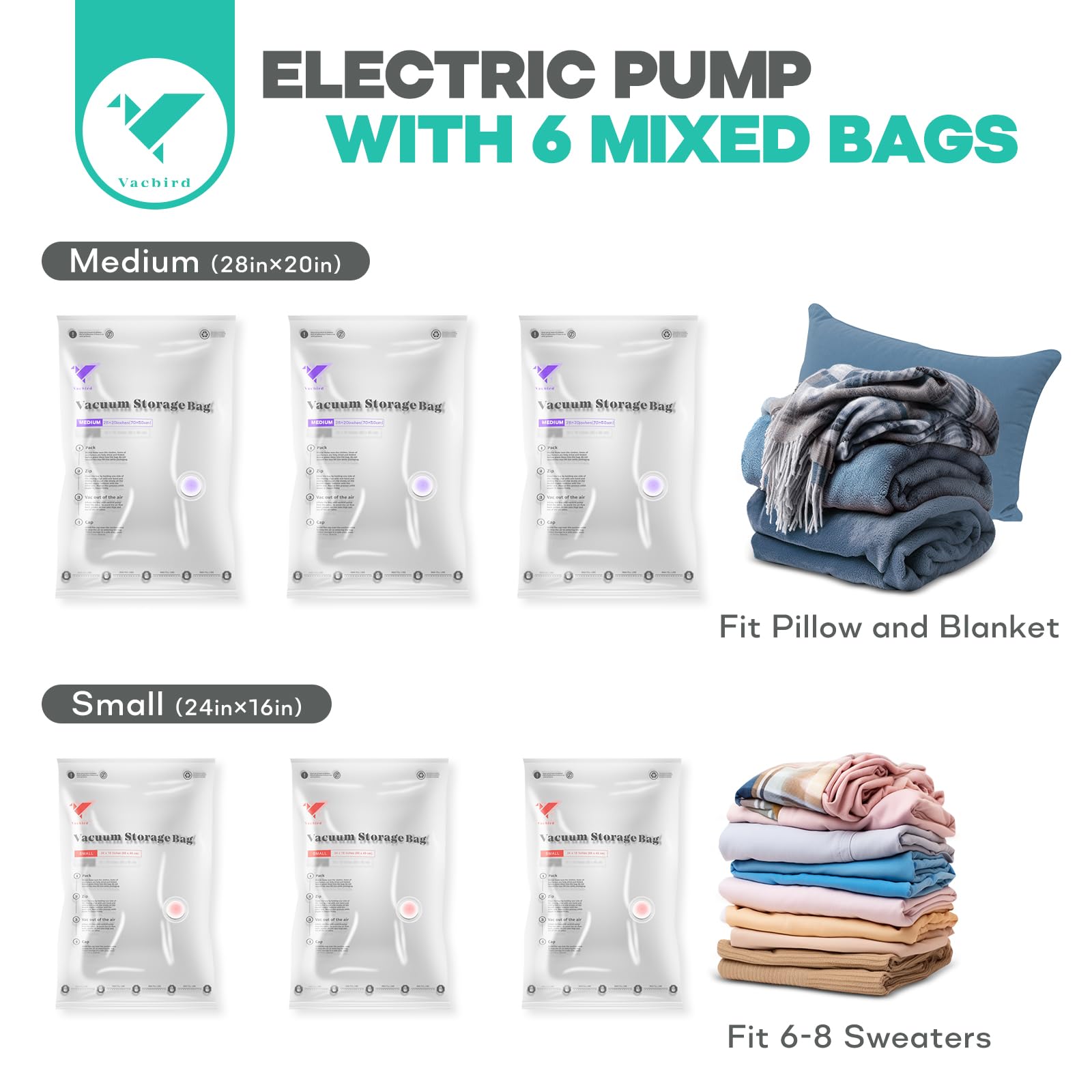 VMSTR 6 Combo Travel Vacuum Storage Bags with Powerful Electric Pump, Space Saver Bags for Clothes and Clothing, Vacuum Compression Bags for Blankets Pillow