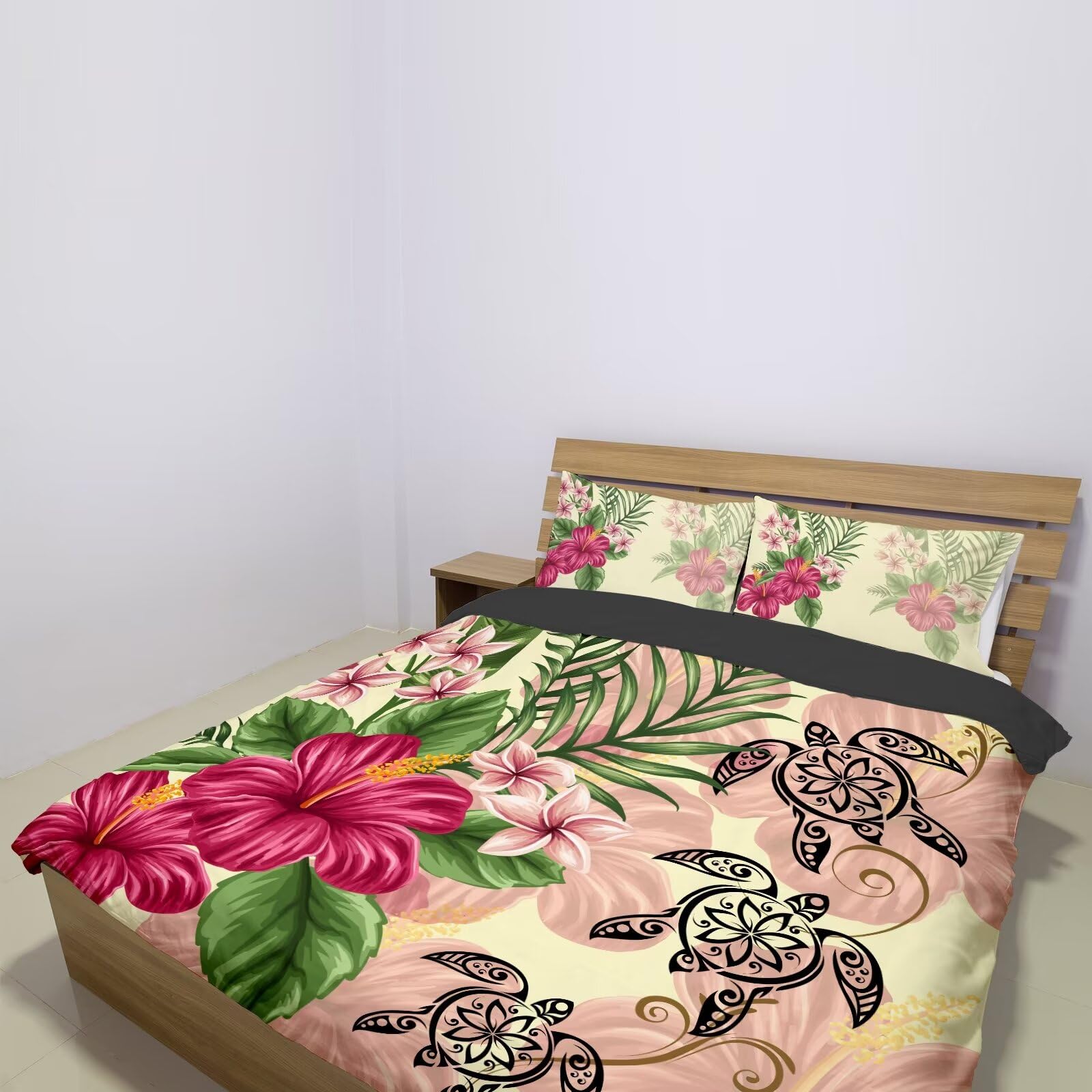 Gearider Pink Tropical Hibiscus Floral Printed Duvet Cover, Mandala Turtle Soft Bedding Set, 3 Pieces, Zipper Closure & 2 Pillow Shams - Size King