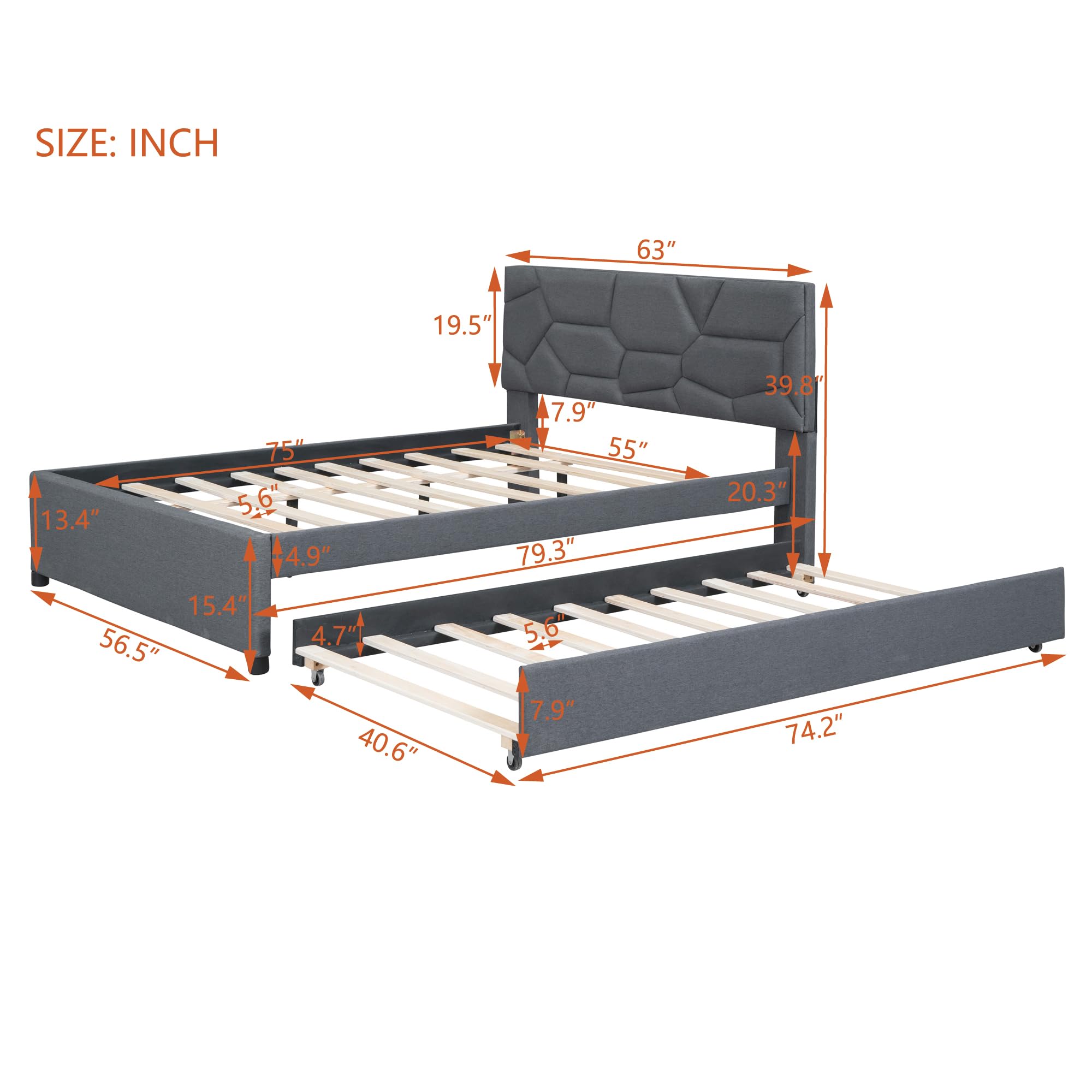 ACQCA Full Size Upholstered Platform Bed with Twin Size Trundle, Headboard w/Brick Pattern, Wood Slat Support Included, for Boys Girls Kids Teens Adult,Gray