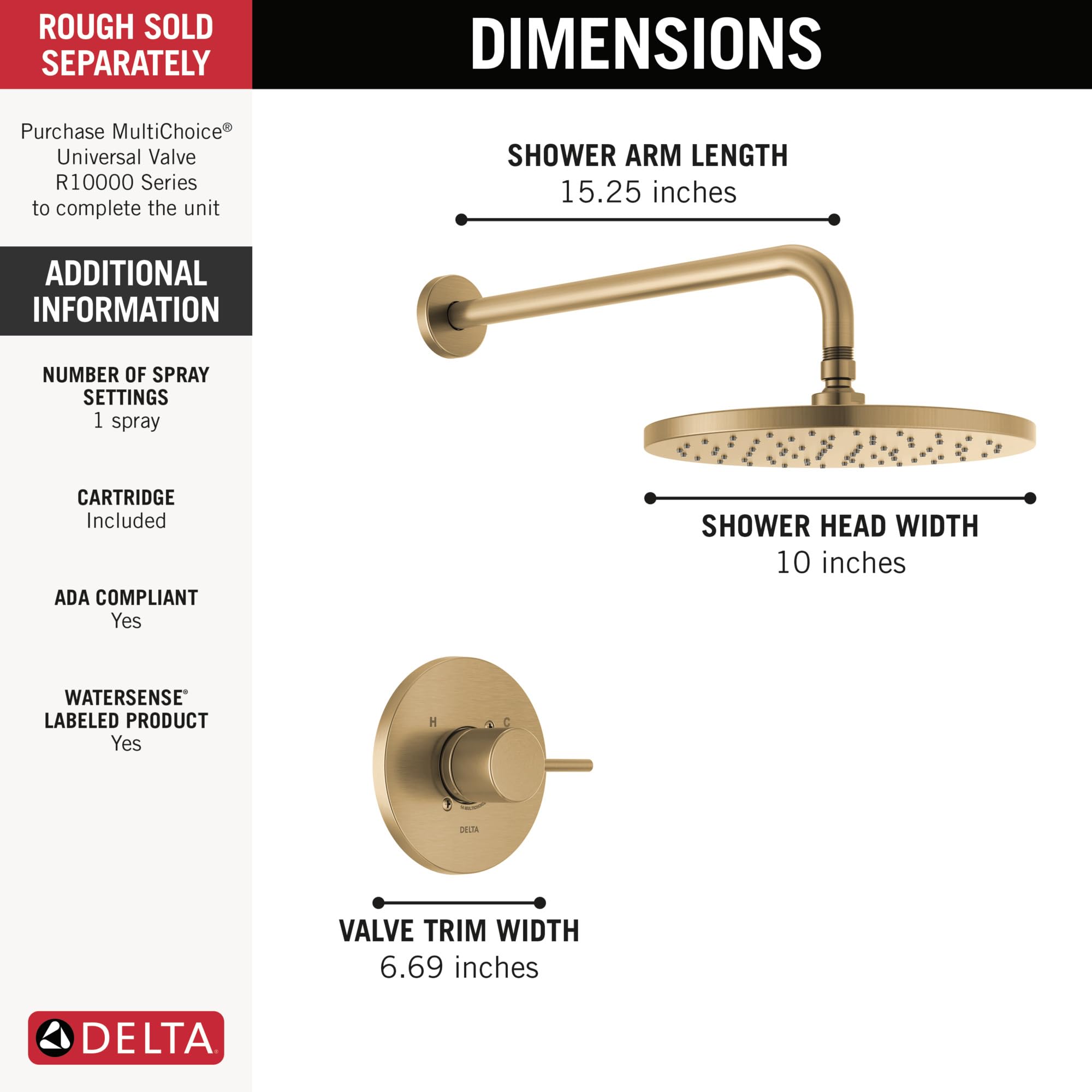 Delta Faucet Modern Raincan Round Single-Function Shower Valve Trim Kit Gold, Shower Faucet Set, Rainfall Shower Head Gold, Delta Shower Kit, Champagne Bronze T14269-CZ-PP (Valve Not Included)