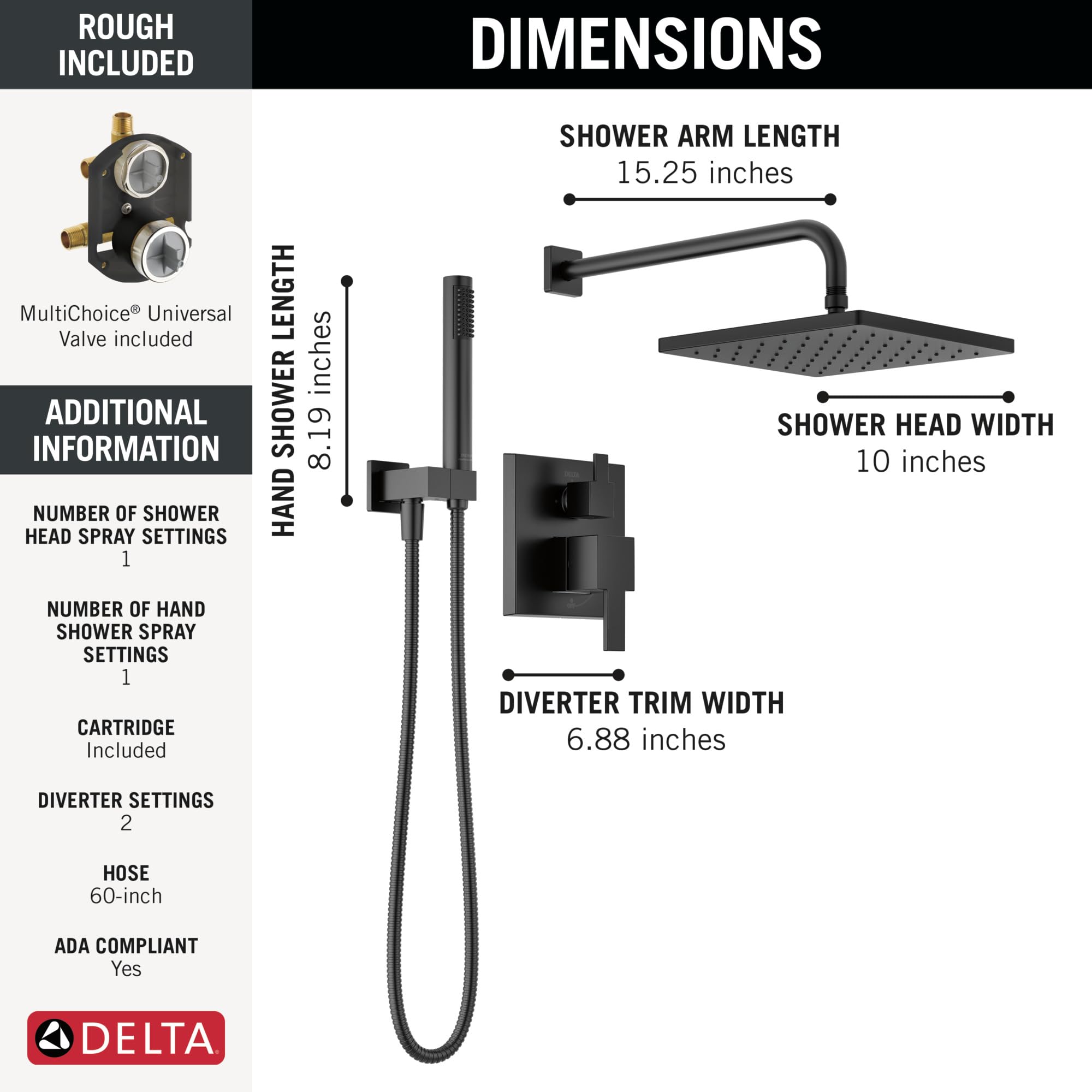 Delta Faucet Modern Raincan 2-Setting Square Shower System Including Rain Shower Head and Handheld Spray Black, Rainfall Shower System Brushed Black, Shower Valve Trim Kit, Matte Black 342701-BL