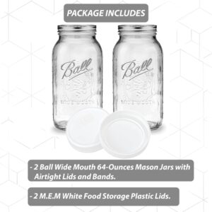 Wide Mouth Mason Jars 64 oz - (2 Pack) - Ball Wide Mouth 64-Ounces Half Gallon Mason Jars with White M.E.M Food Storage Plastic Lid. For Storage, Freezing, Leak Proof, Microwave & Diswasher Safe