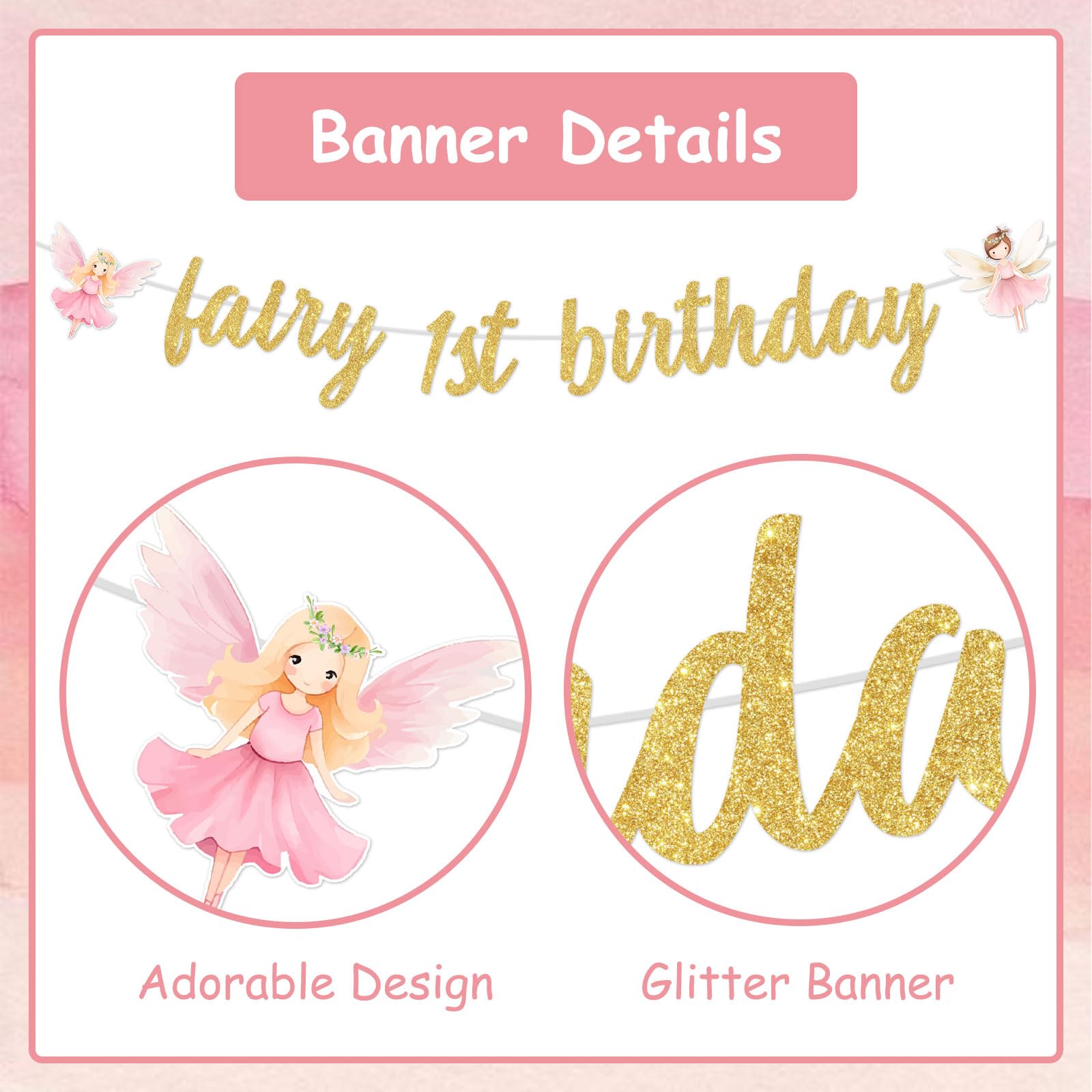 My Fairy First Birthday Decorations - Fairy 1st Birthday Glitter Banner and Monthly Photo Banner, Fairy One Year Old Birthday Decorations for Girl, Floral Fairy 1st Birthday Party Supplies