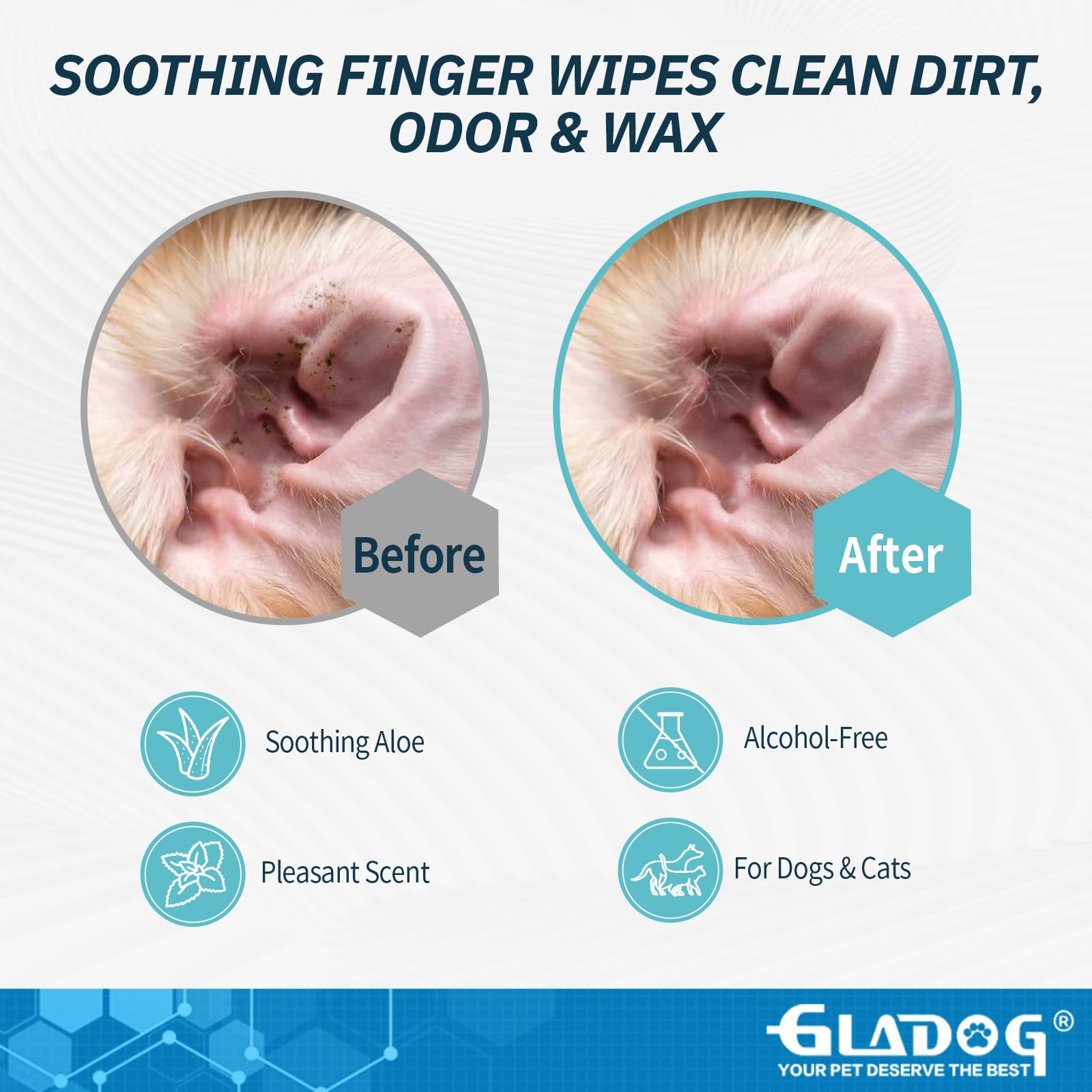 GLADOG Dog Ear Cleaner Finger Wipes, Ear Finger Wipes for Dogs Cats, Gently Removes Dirt & Odor, Dissolves Wax Build-Up, Easy to Use, Ear Cleaning Finger Wipes for Dogs, Natural Ingredients - 55 Count