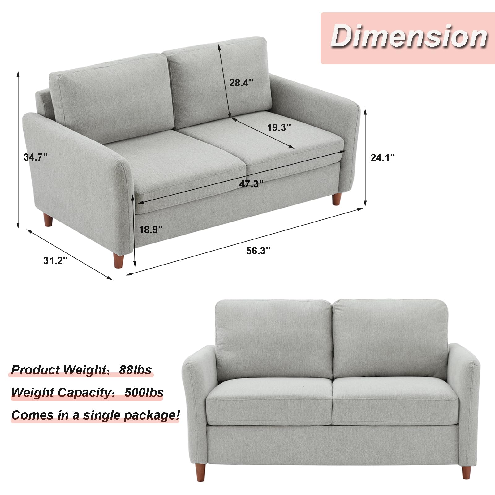 HOLYFIND Modern Loveseat Sofa Couch with Storage,Upholstered Small Couch,Mini Couch Furniture for Bedroom, Apartment, Office and Small Spaces(Light Gray, 56.5''-2seat)