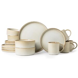 monito ceramic dinnerware 16 pieces dinner set,plates pasta bowls cereal bowls reactive change glaze dish sets, modern stoneware dishes, gift, bonbon beige