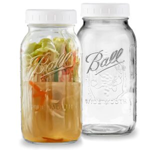 Wide Mouth Mason Jars 64 oz - (2 Pack) - Ball Wide Mouth 64-Ounces Half Gallon Mason Jars with White M.E.M Food Storage Plastic Lid. For Storage, Freezing, Leak Proof, Microwave & Diswasher Safe