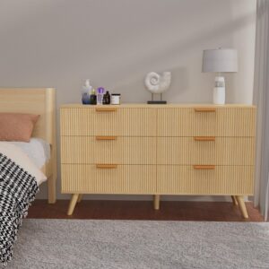 Buenhomino 6 Drawer Dresser for Bedroom, 47" Wide Modern Chest of Drawers with Fluted Design, Dresser TV Stand, Boho Storage Wood Dresser Organizer for Living Room, Hallway, Closet, Entryway Natural