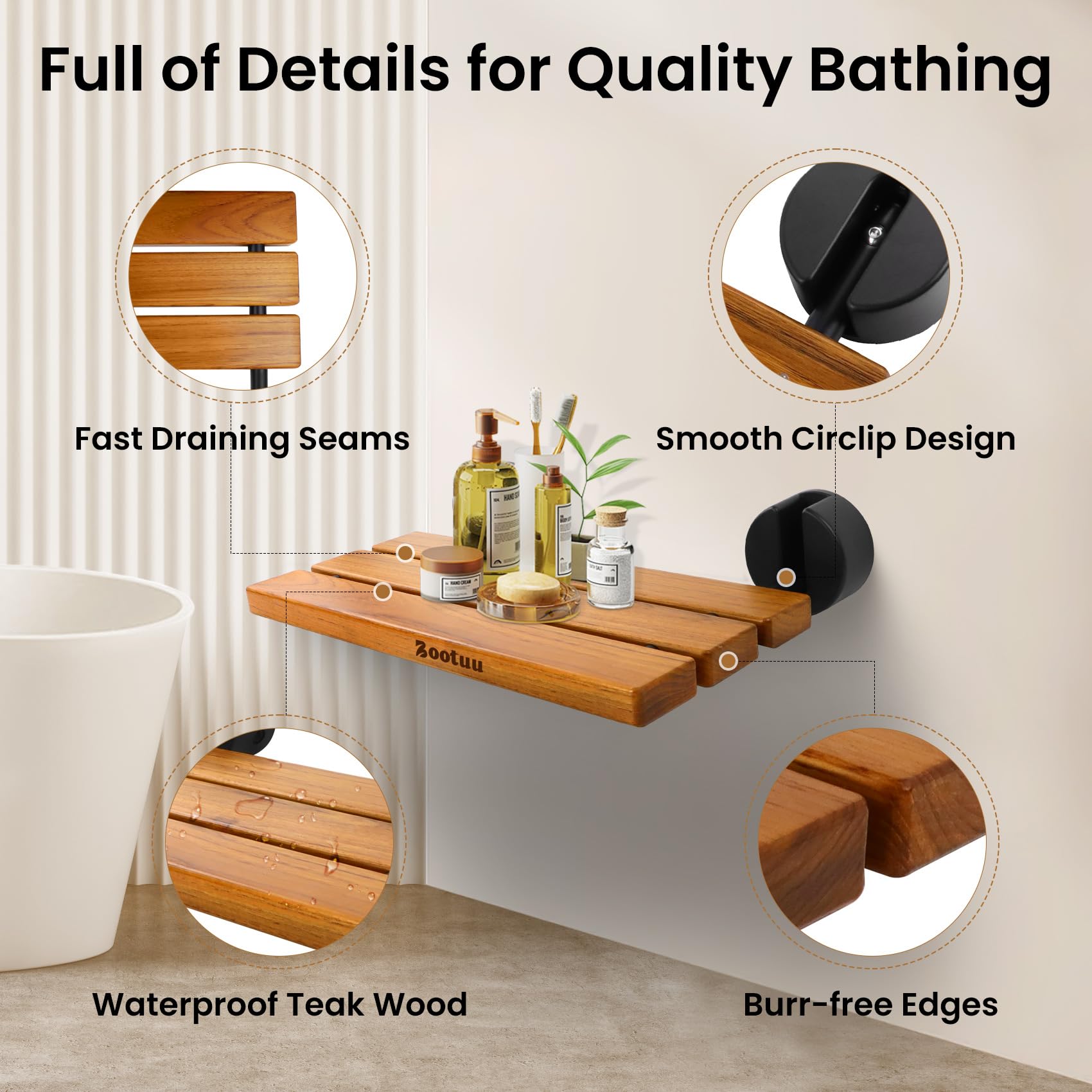 20" Teak Folding Shower Seat Wall Mounted, Fold Down Shower Seat for Inside Shower, Home Care Teak Folding Shower Seat, Wall Mounted Shower Bench with 400 Lb. Weight Capacity