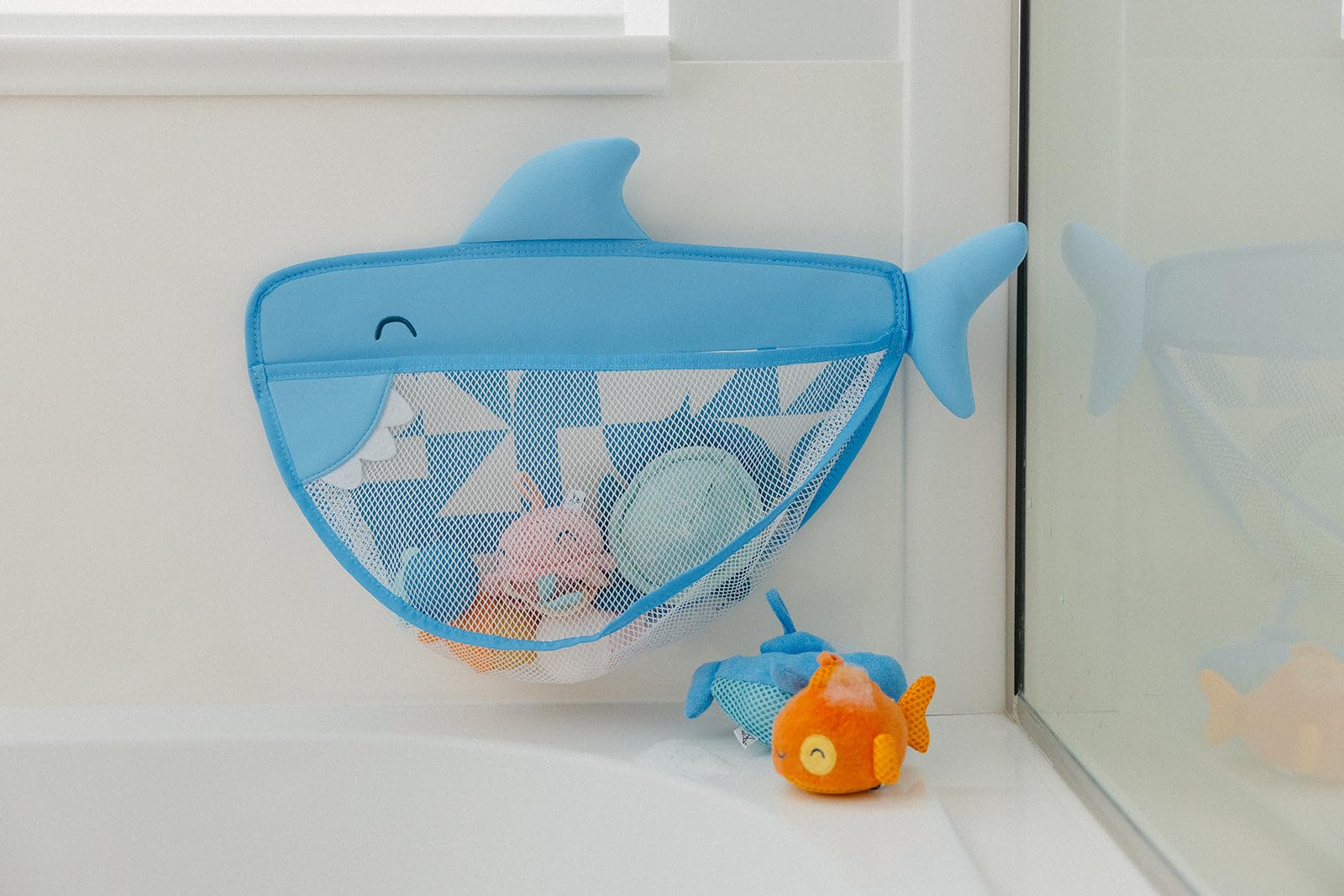 Oceana Bath Toy Organizer with Suction Cups by Copper Pearl: Extra-Large Mesh Bath Toy Holder for Bathtub, Quick-Dry Bath Toy Storage Net, Convenient Bath Toy Net for Tub - Finn