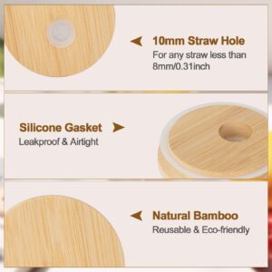 sungwoo 4PCS Bamboo Lids with Straw Hole, Reusable Wooden Lids for Glass Cups, 2.76inch/70mm Canning Lids with Silicone Ring for Regular Mouth Drinking Jars, Replacement Bamboo Lids for Beer Glasses