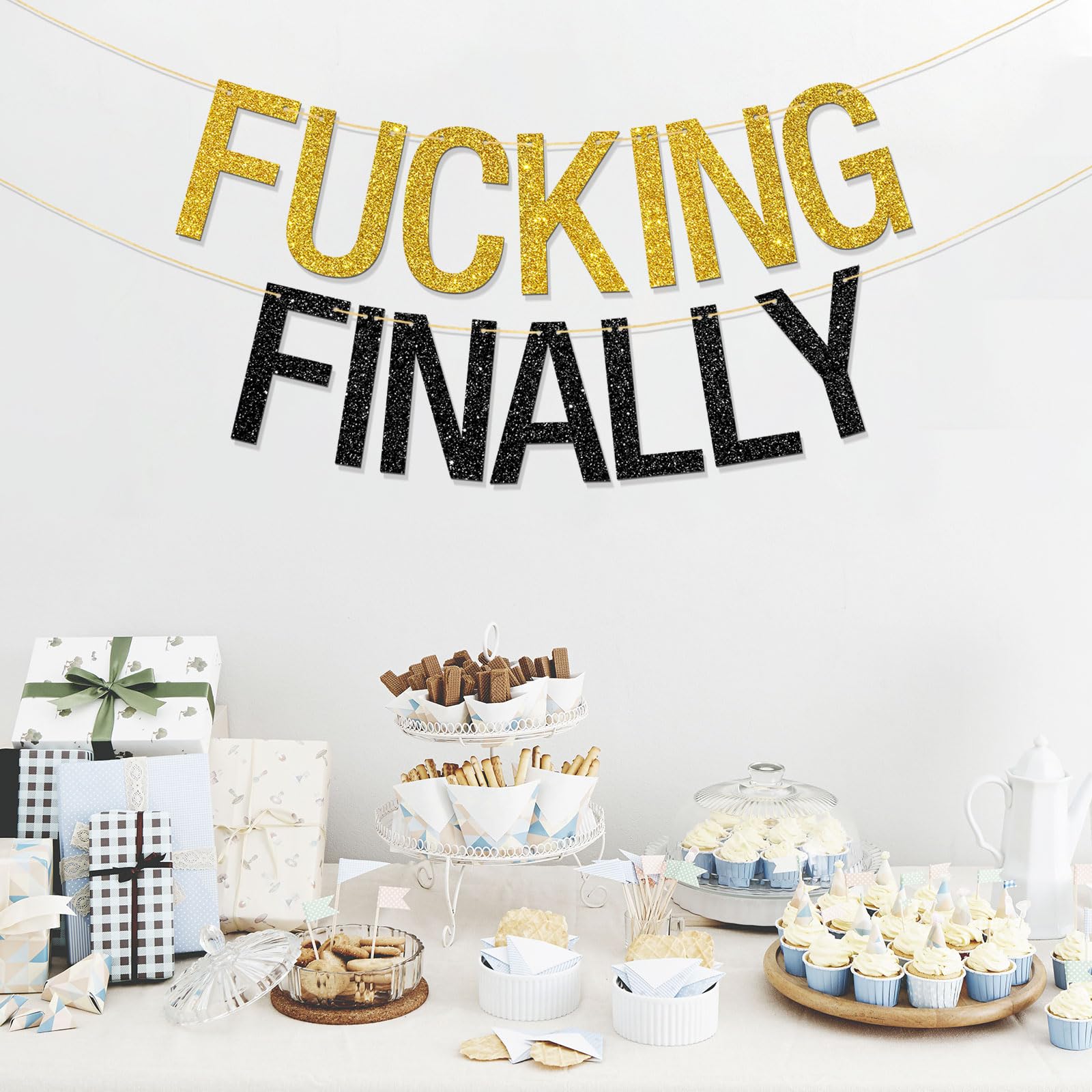 RoadSea Fucking Finally Banner - Graduation Party Supplies - Retirement Banner Wedding Engagement Bridal Shower Bachelorette Party Decorations - Gold & Black Glitter