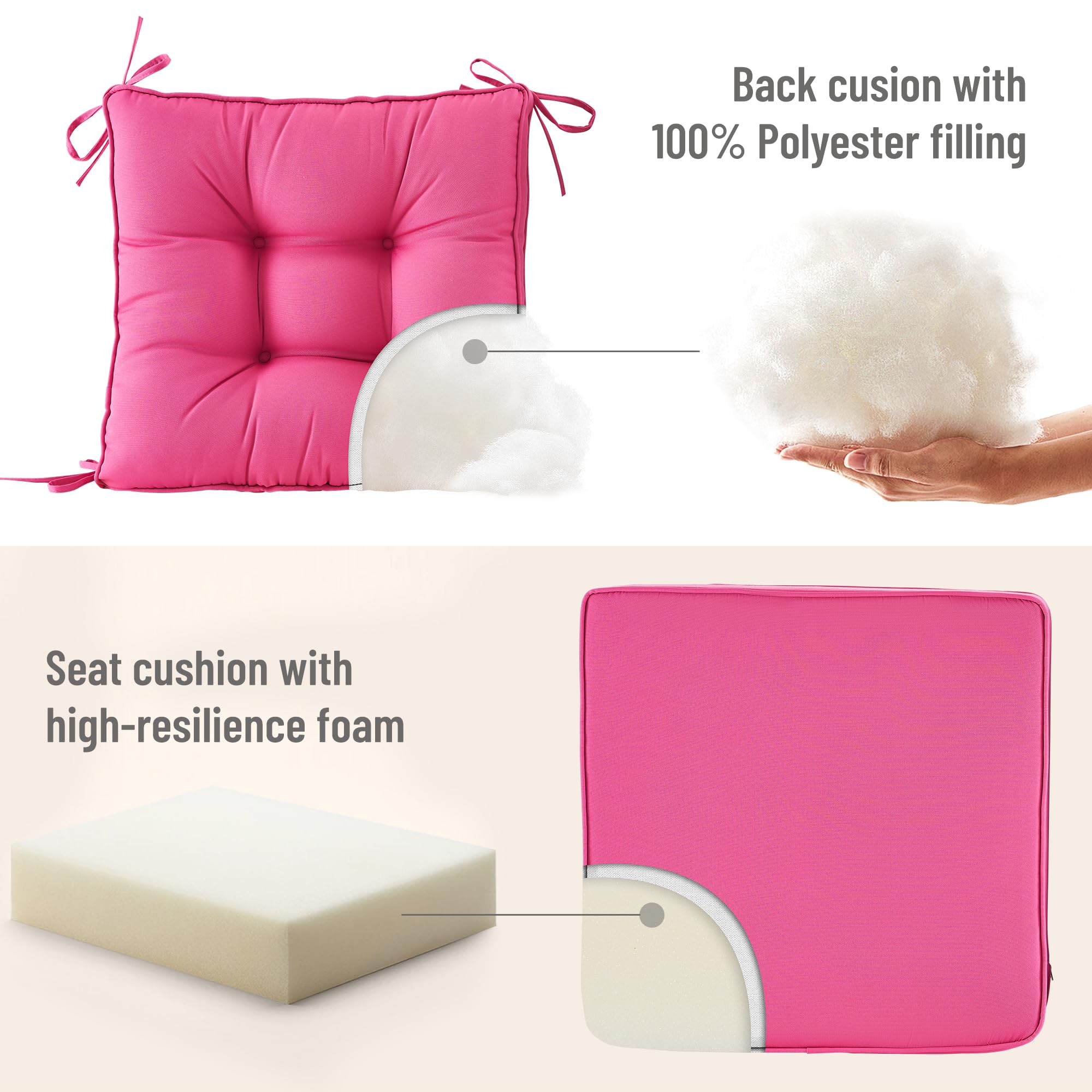 CAYIP Deep Seat Cushions for outdoor furniture,Extra Thick Seat:24"x24"x4",Tufted Low Back 22"x24"x6", Double Piping Removable Patio Chair Cushions with Ties, Fade Resistant,Pink