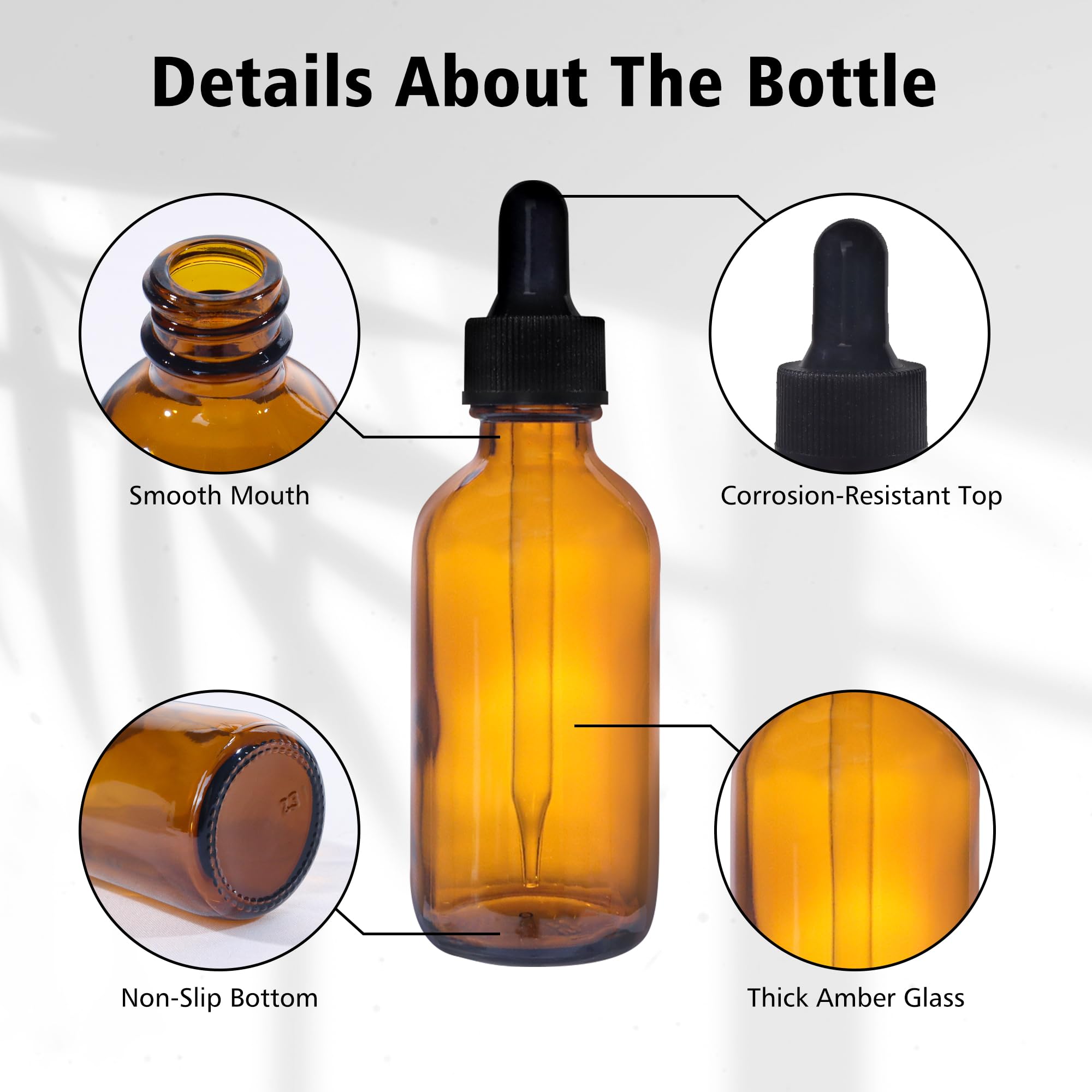 Comrzor 48 Pack 2oz Amber Glass Bottles with Glass Eye Droppers for Essential Oils, Perfumes & Lab Chemicals (Brush, Funnels, 2 Extra Droppers, 54 Pieces Labels & 30ml Measuring Cup Included)