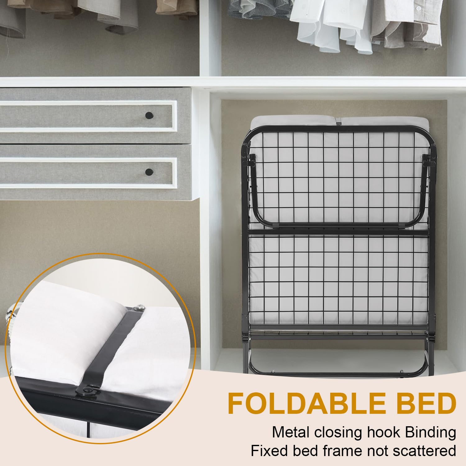 Twin Folding Bed Rollaway Portable Guest Bed Cot Space Saving Bed Frame No Assembly Sturdy Folding Cot with Mattress Wheels for Office Bedroom Guest Camping, White