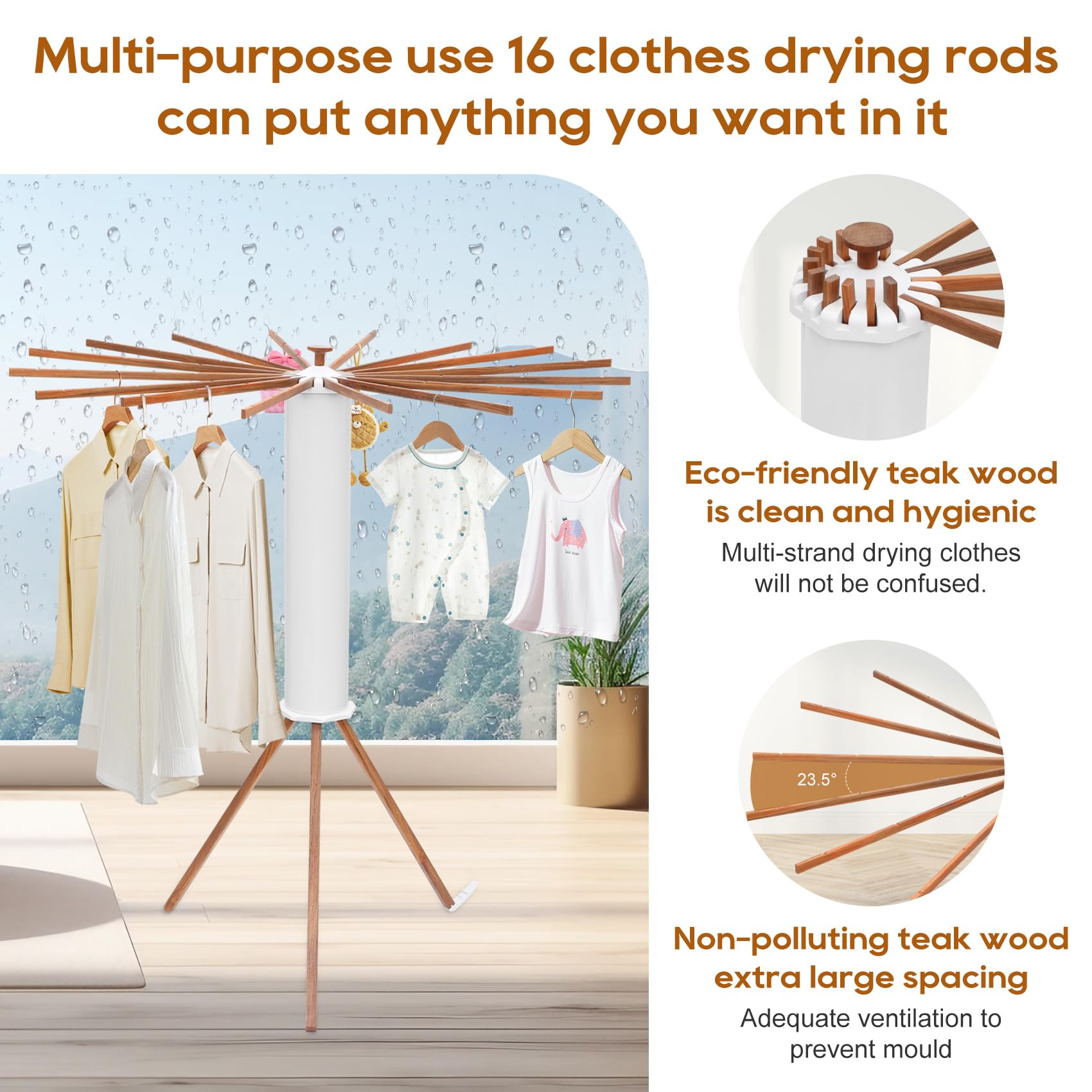 Bootuu Portable Teak Tripod Clothes Drying Rack, Foldable Space & Saving Design, Versatile Laundry Drying Rack, with 16 Waterproof Teak Wood Drying Rods, for Indoor and Outdoor Use for Halloween