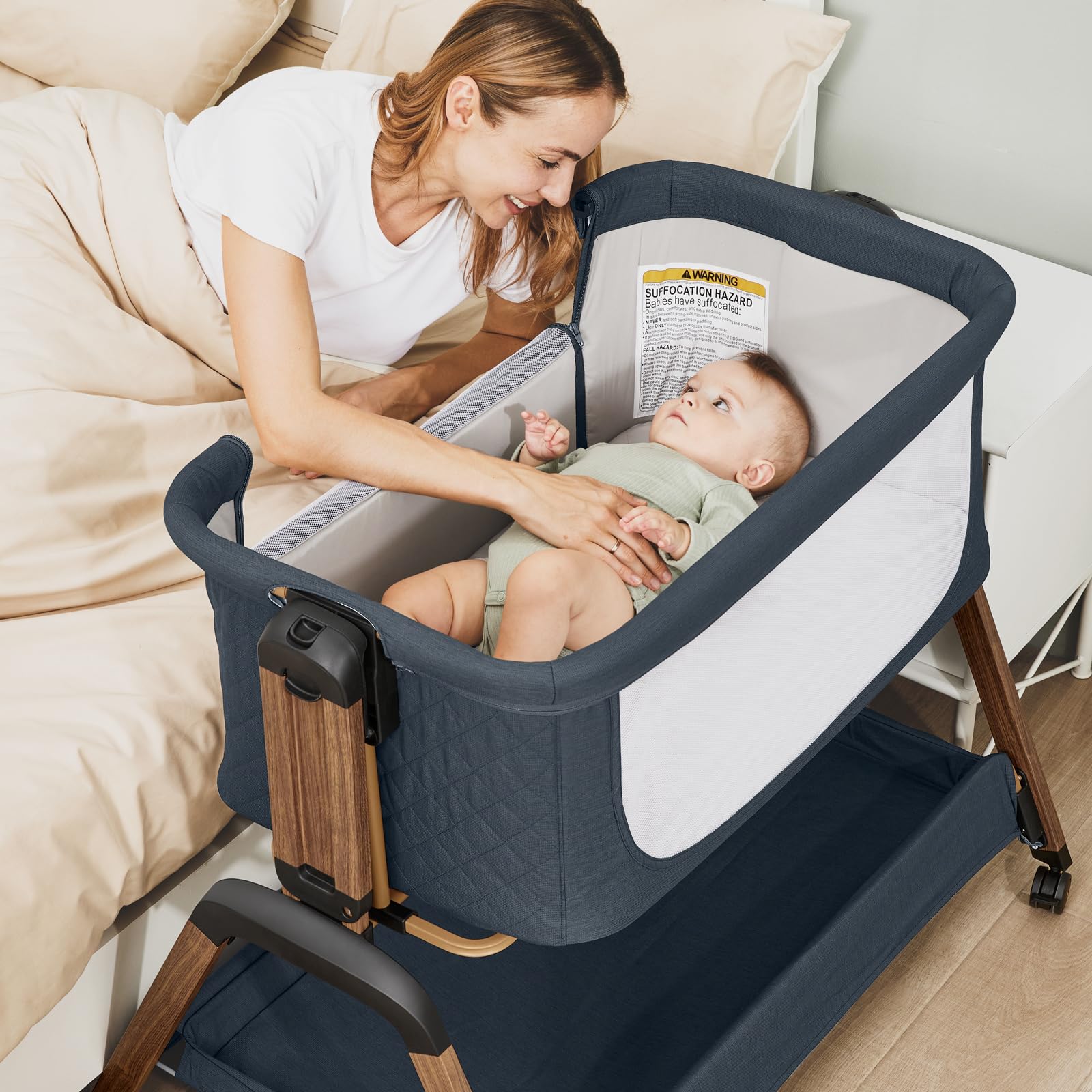 Jimglo 3 in 1 Baby Bassinet, Rocking Bassinets with Comfy Mattress and Wheels, Adjustable Height Bassinet Bedside Sleeper, Easy Folding Portable Crib for Newborn (Navy Blue)