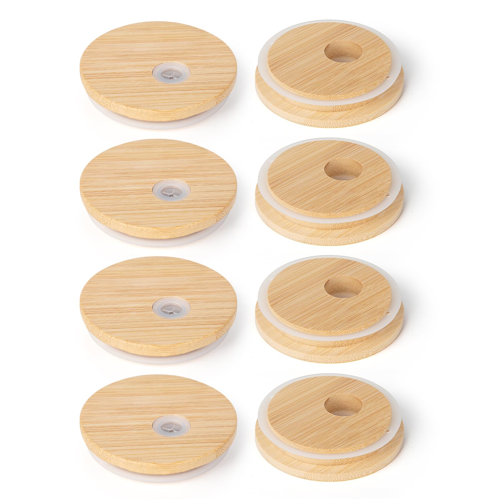 sungwoo 4PCS Bamboo Lids with Straw Hole, Reusable Wooden Lids for Glass Cups, 2.76inch/70mm Canning Lids with Silicone Ring for Regular Mouth Drinking Jars, Replacement Bamboo Lids for Beer Glasses