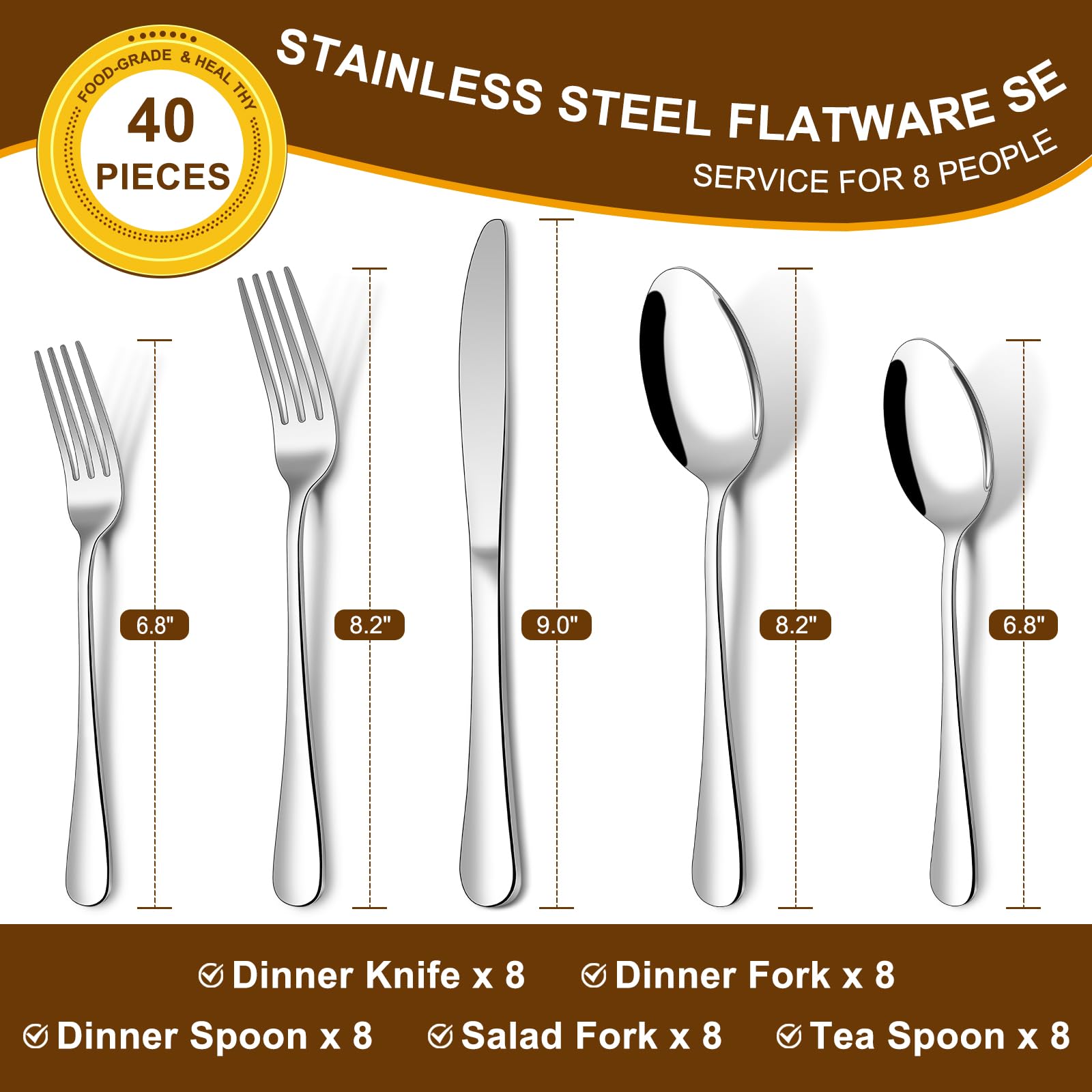 40-Piece Silverware Set Service for 8, Stainless Steel Flatware Cutlery Set, Kitchen Tableware Set, Utensil Set for Home and Restaurant, Knives Forks Spoons Set, Mirror Polished, Dishwasher Safe