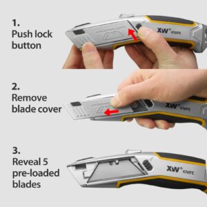 XW Heavy Duty Auto-loading Utility Knife,3-position Retractable Box Cutter with Total 5 Blades